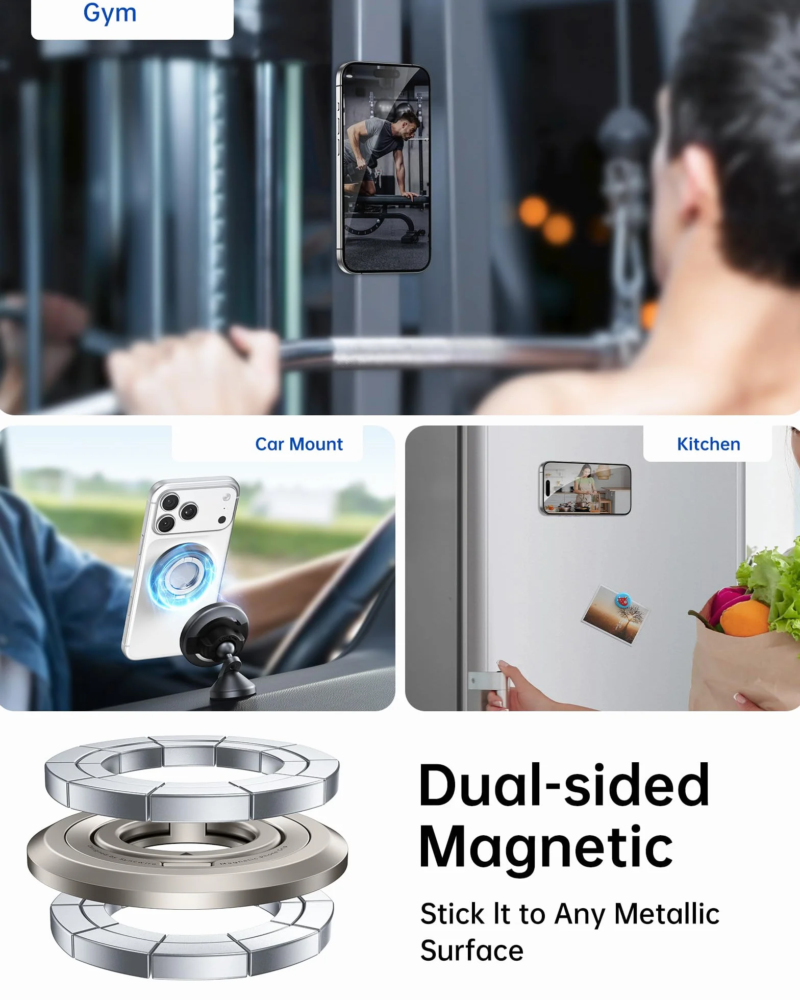 SYNCWIRE Pierścień na telefon MagSafe, obrót o 360°, dwustronny magnes, kompatybilny z iPhone 17 16 15 14 13 12 Pro Max MagSafe, Android, Samsung itp.
