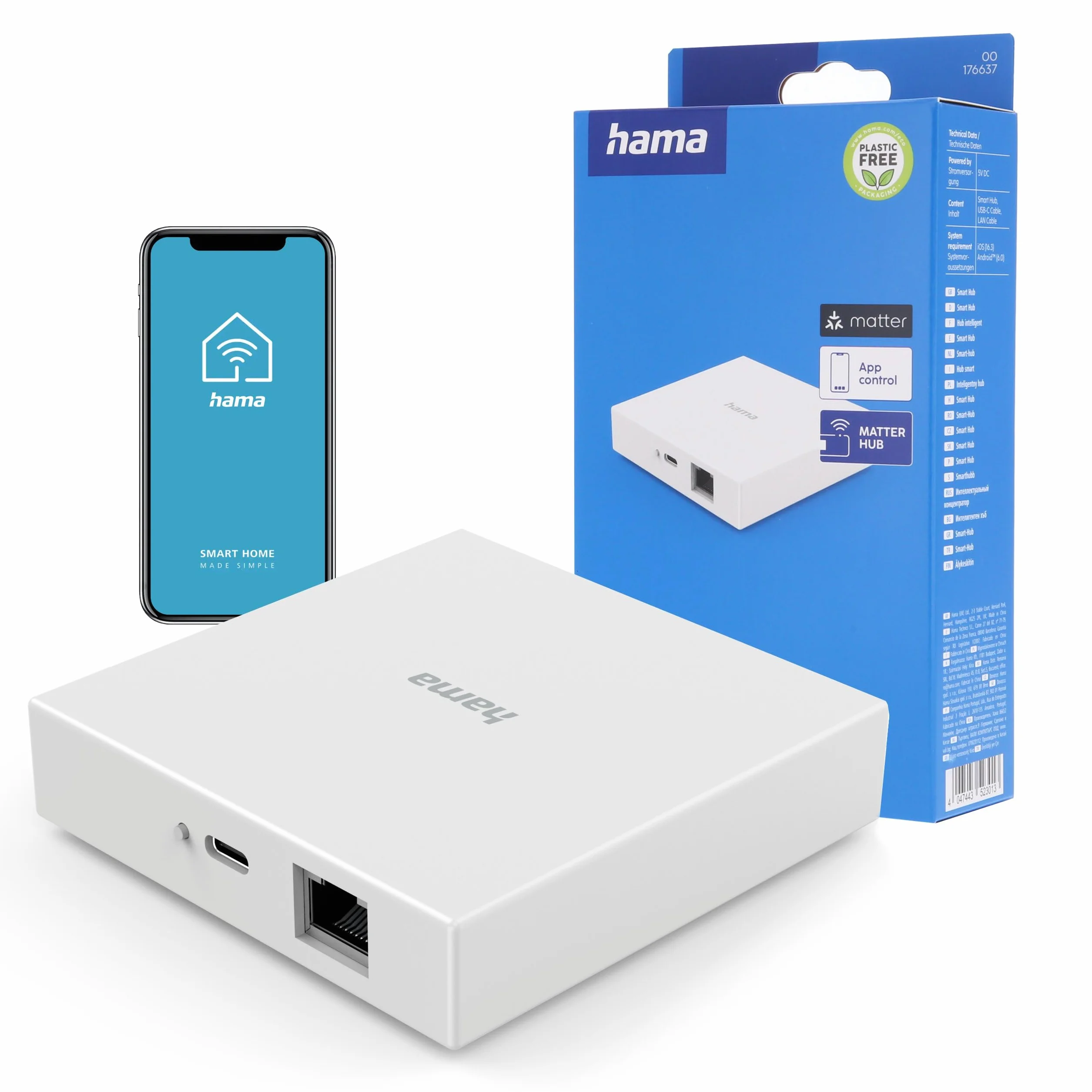 Hama Mostek Bridge WIFI ZIGBEE THREAD MATTER Centralka Smart Home, Kompaktowy, Zintegrowany Ekosystem, Kompatybilny z Alexa, Apple Home, Google Home, Zasilany przez USB-C