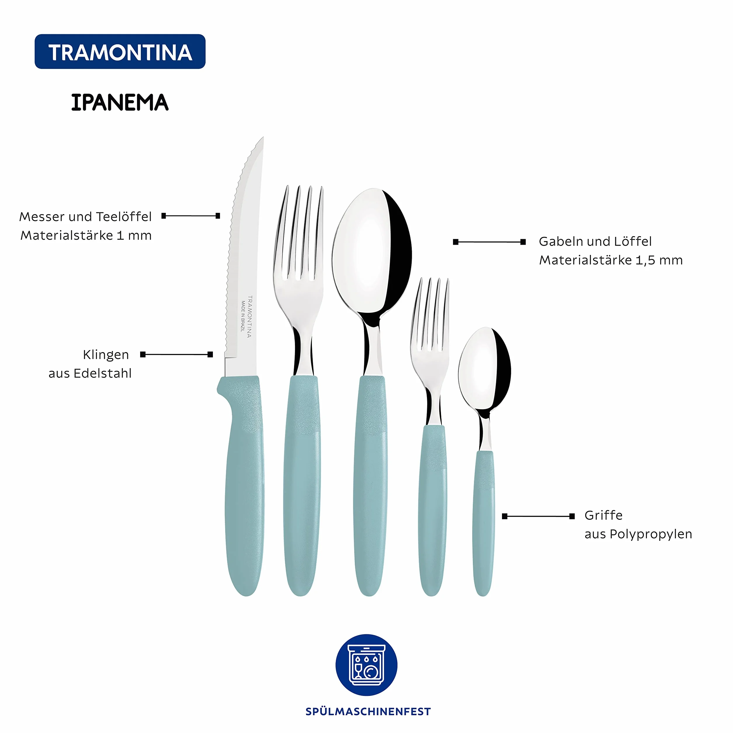 Tramontina 23398-288 IPANEMA sztućce ze stali nierdzewnej, jasnoniebieski, 30-częściowy