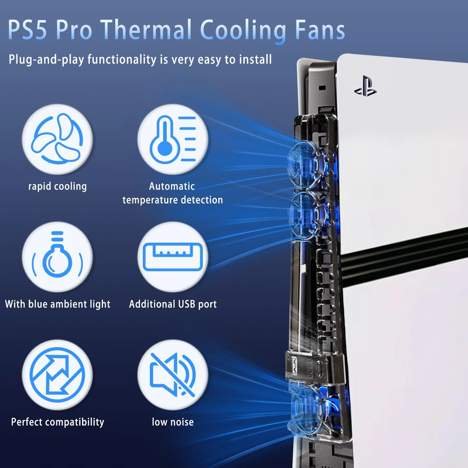 Akcesoria chłodzące do PS5 Pro/PS5 Slim wentylator chłodzący ze światłem LED i regulacją prędkości, automatyczne wykrywanie temperatury, dodatkowy port USB