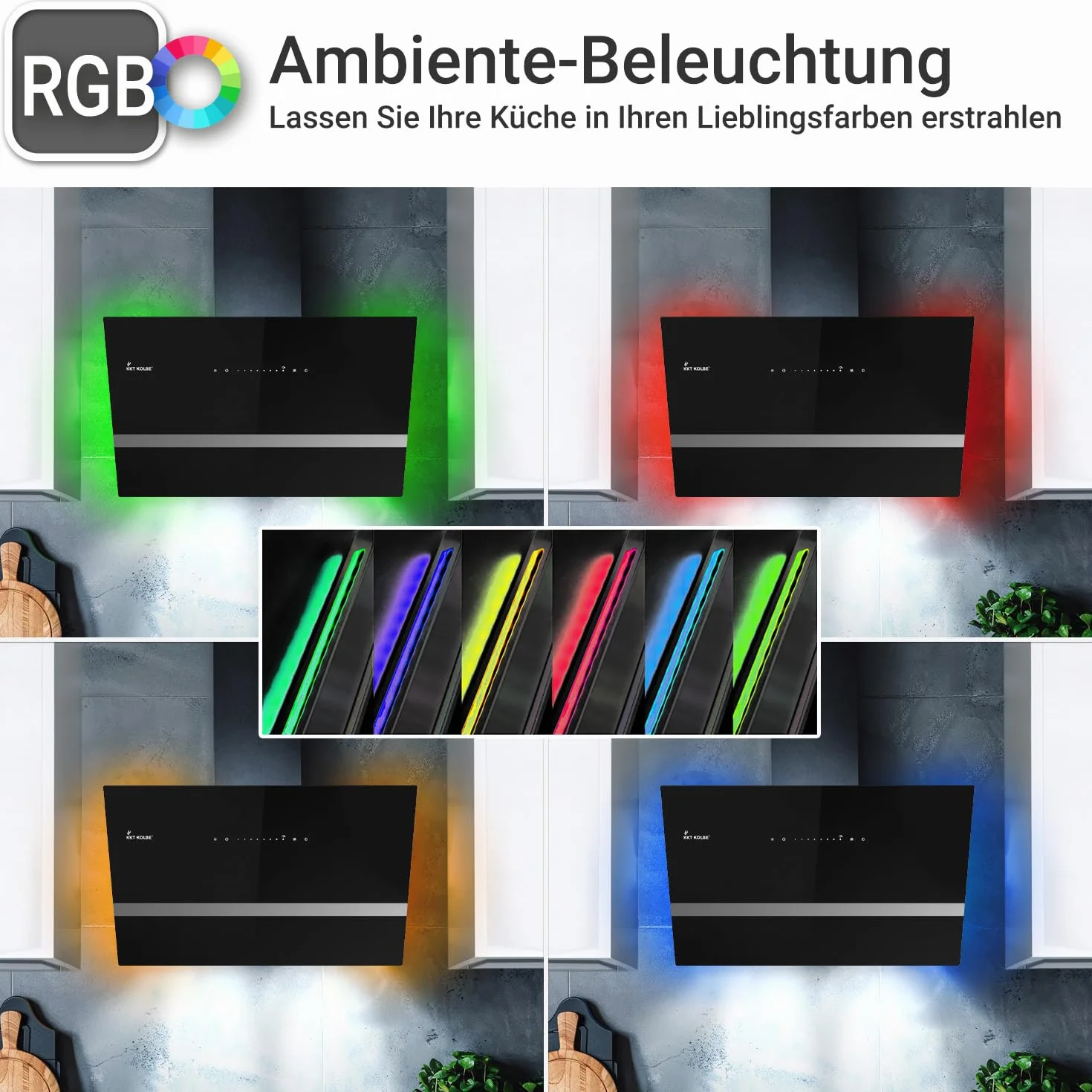 KKT KOLBE okap kuchenny 60 cm | 782 m³/h obieg powietrza / wyciąg powietrza | niezabudowany | okap ścienny | czarne szkło | inteligentna aplikacja WiFi App WLAN | oświetlenie RGBW LED | EASY6005SM