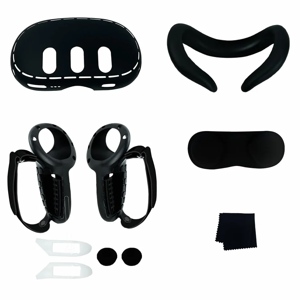 BeisDirect VR zestaw silikonowych pokrowców do Meta Quest 3 - 10 w 1, podkładka na twarz z osłoną obiektywu, uchwyt kontrolera z otworem na baterie i czapką Rocker Cap (czarny)