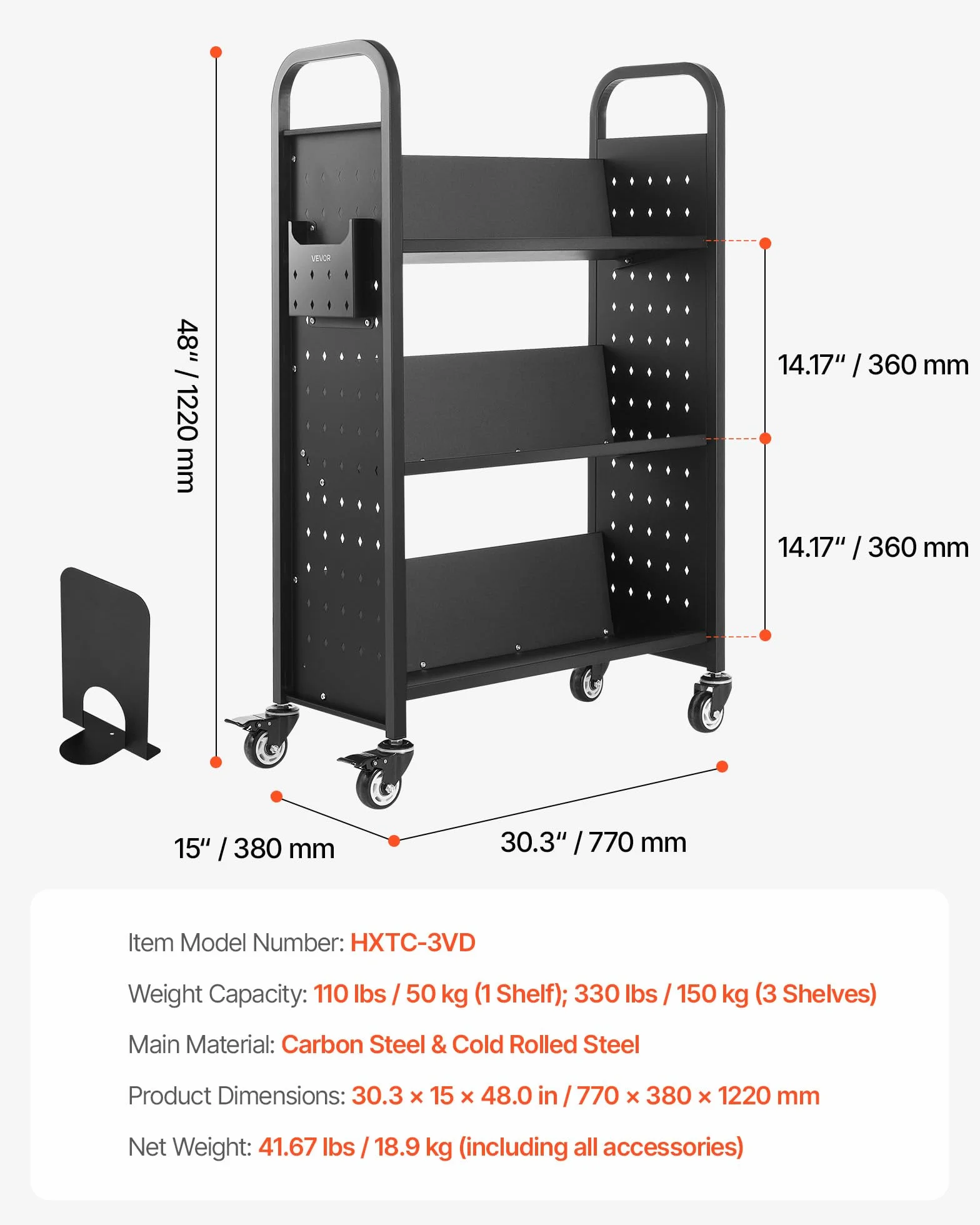 VEVOR Koszyk na książki z biblioteką na kółkach, pojemność 150 kg, wózek biblioteczny 30 x 15 x 48 cm, jednostronne półki w kształcie litery V z 3-calowymi zamykanymi kółkami, ciężarówka na półki