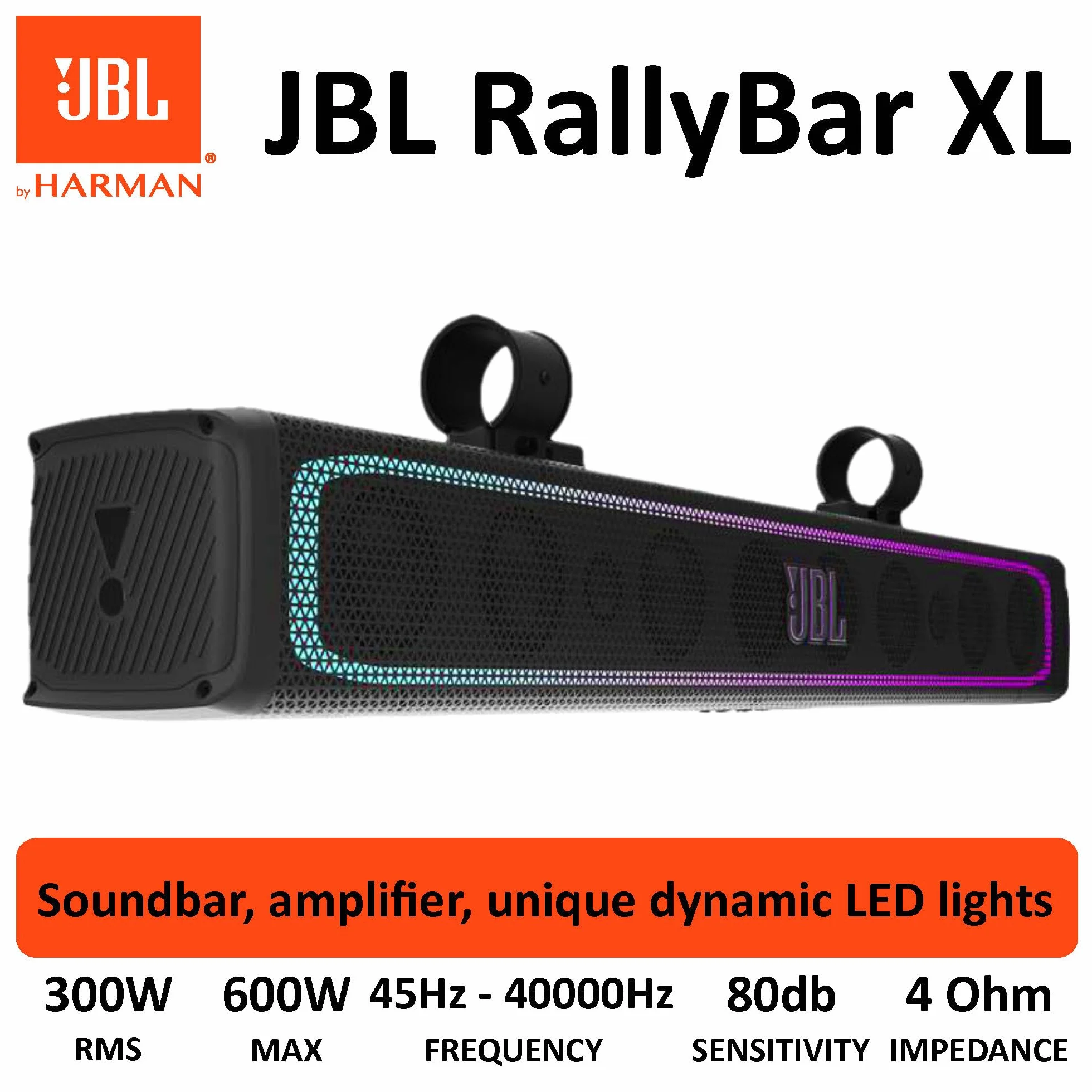 JBL RallyBar XL 35" uniwersalny soundbar Bluetooth do pojazdów i łodzi, z 14 głośnikami, wodoszczelny, wzmacniacz 300 W, oświetlenie LED, Pro Sound i innowacyjny uchwyt