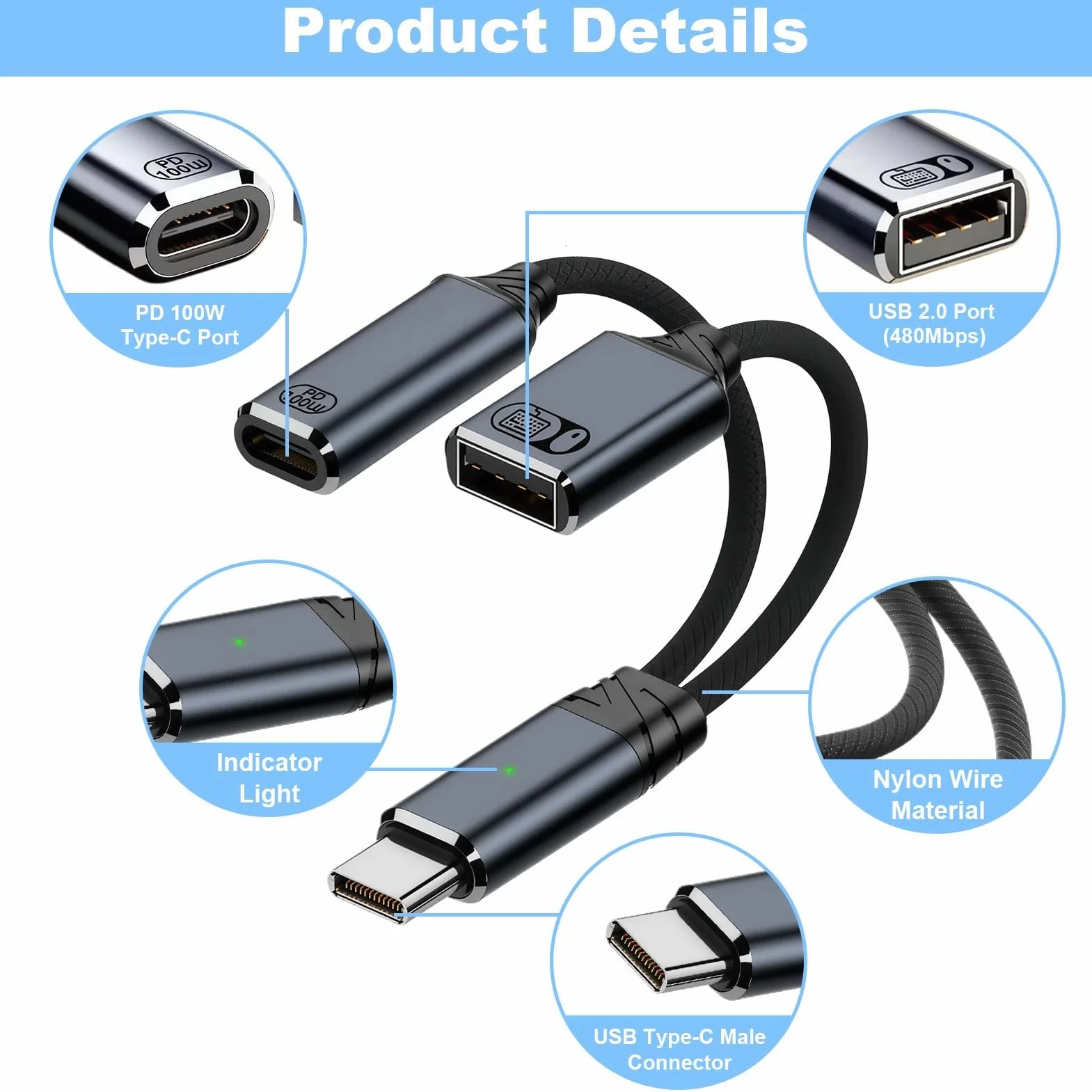 Adapter USB-C OTG 2 w 1, OTG Splitter typu C z zasilaczem USB-A 2.0 i szybkim ładowaniem PD 100 W, podwójny kabel rozgałęźnika do telefonu, komputera, telewizora, tabletu, szary