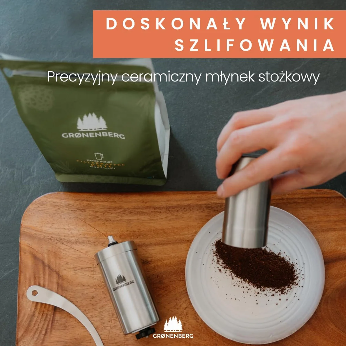 Przenośny ręczny ceramiczny młynek do kawy ze stali nierdzewnej. Regulowane stożkowe żarna. Wytrzymały, łatwy w czyszczeniu i użytkowaniu. Na biwak, do domu, w podróży.