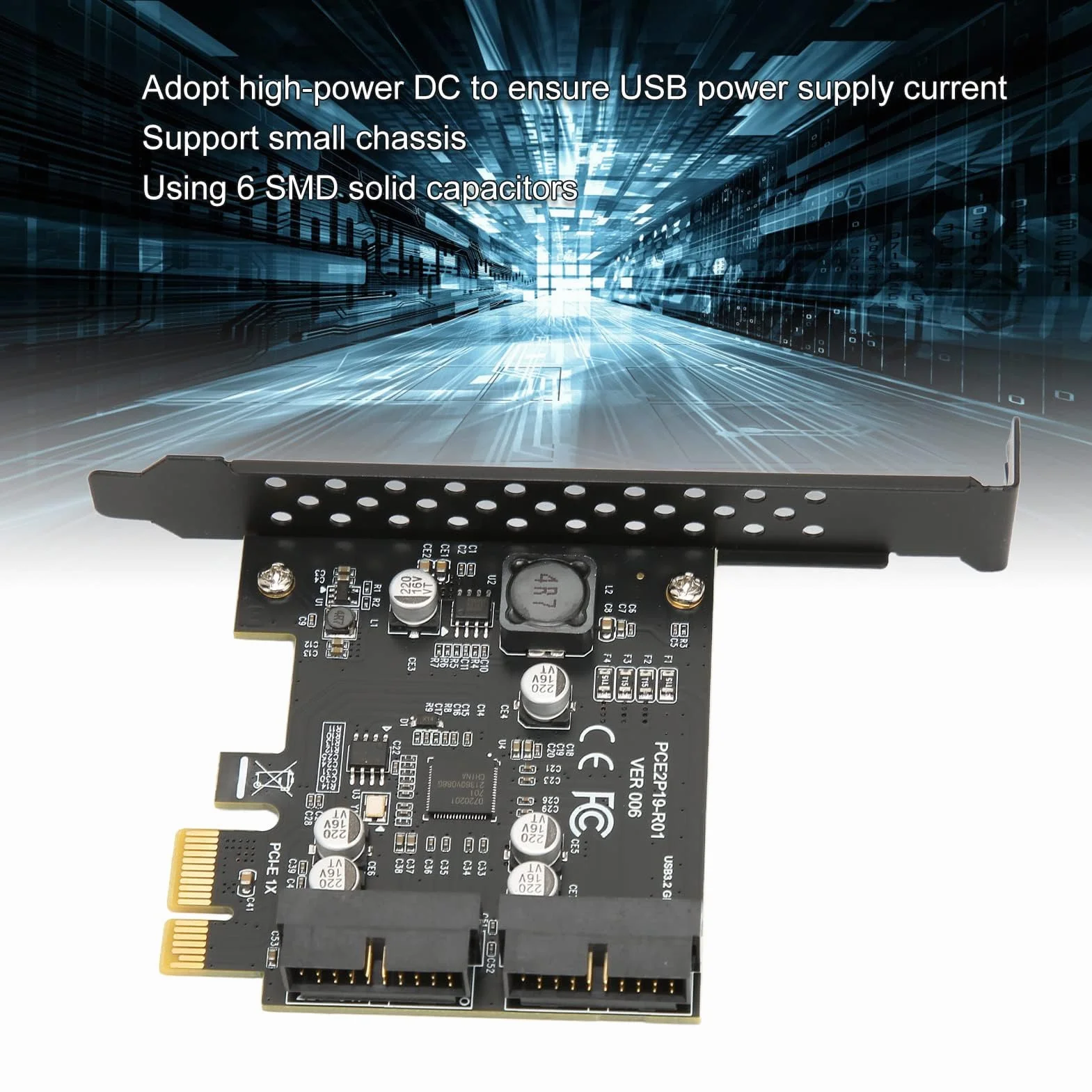 Adapter PCIe na USB 3.2 Gen 2, 2 porty USB 3.2 Gen 1, karta rozszerzeń PCI Express 19PIN do komputera stacjonarnego, obsługa