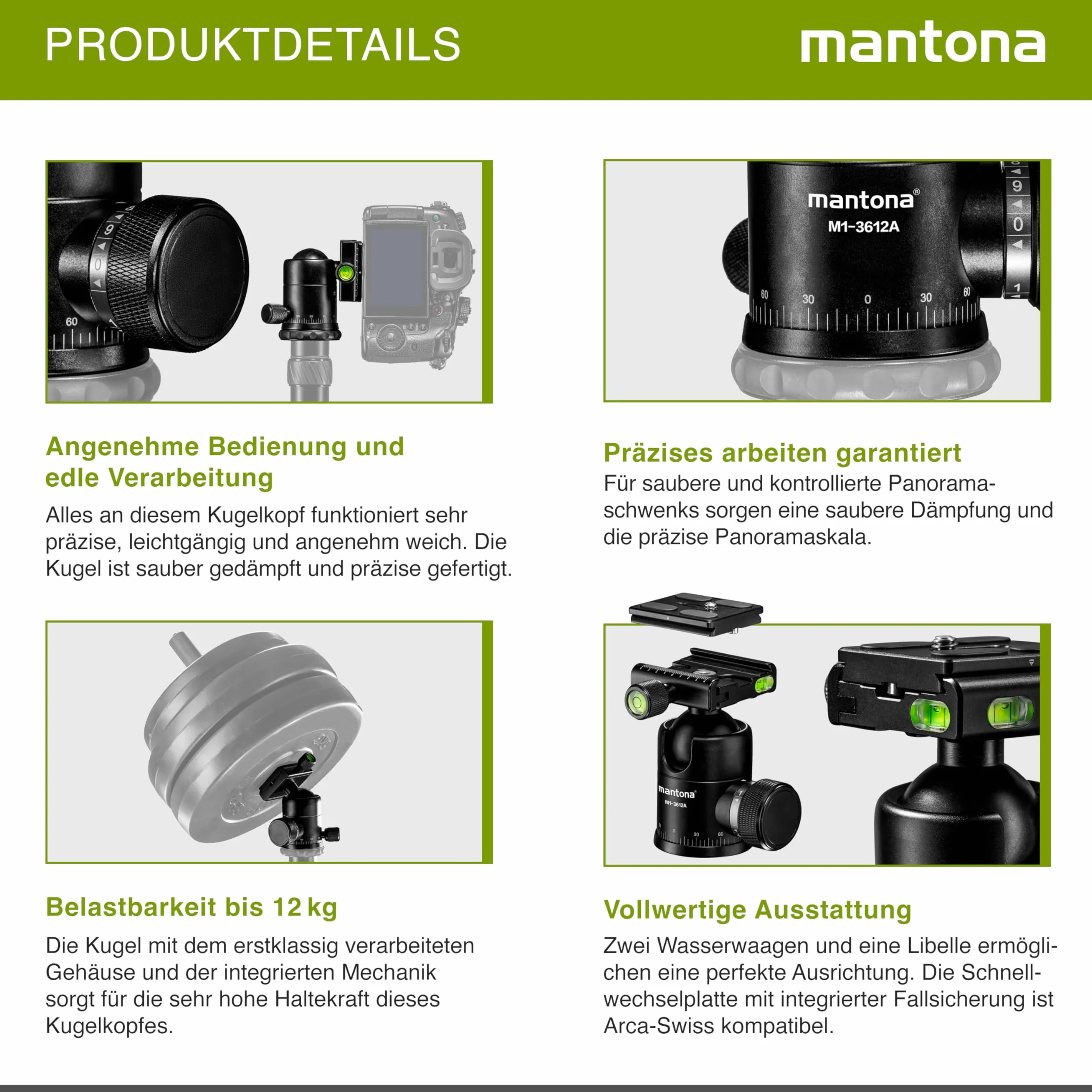 Mantona Onyx 12 głowic kulowych (M1-3612A) Arca-Swiss kompatybilna płytka szybkiego montażu 50 mm, profesjonalne wykonanie dla lustrzanki cyfrowej, kamery cyfrowej, kamery cyfrowej, kamkordera czarna