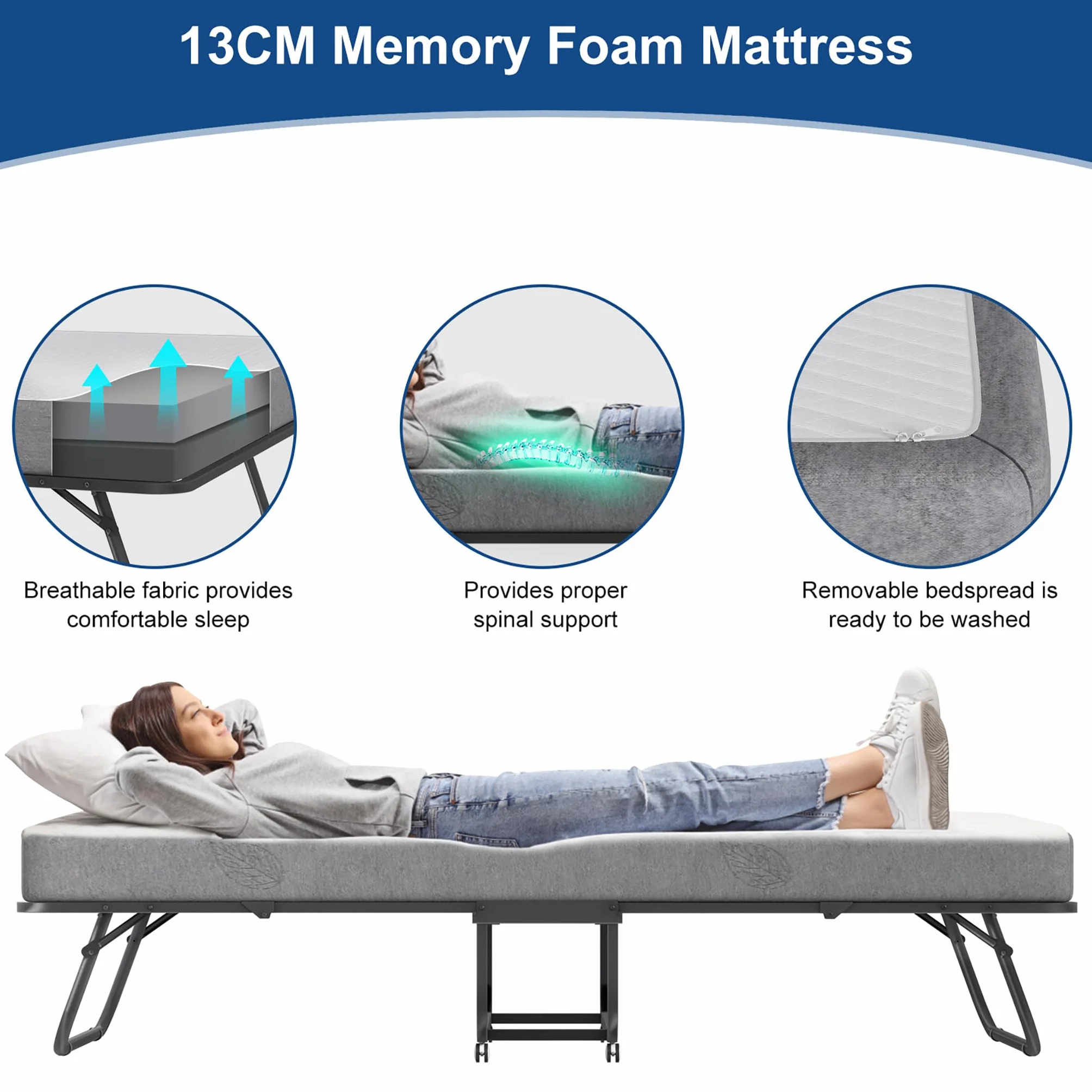 UISEBRT Łóżko Składane z Materacem 90 x 200 cm dla Gości, Metalowa Rama z Kółkami - dla Dorosłych, 13 cm Grubości, Nośność 200 kg