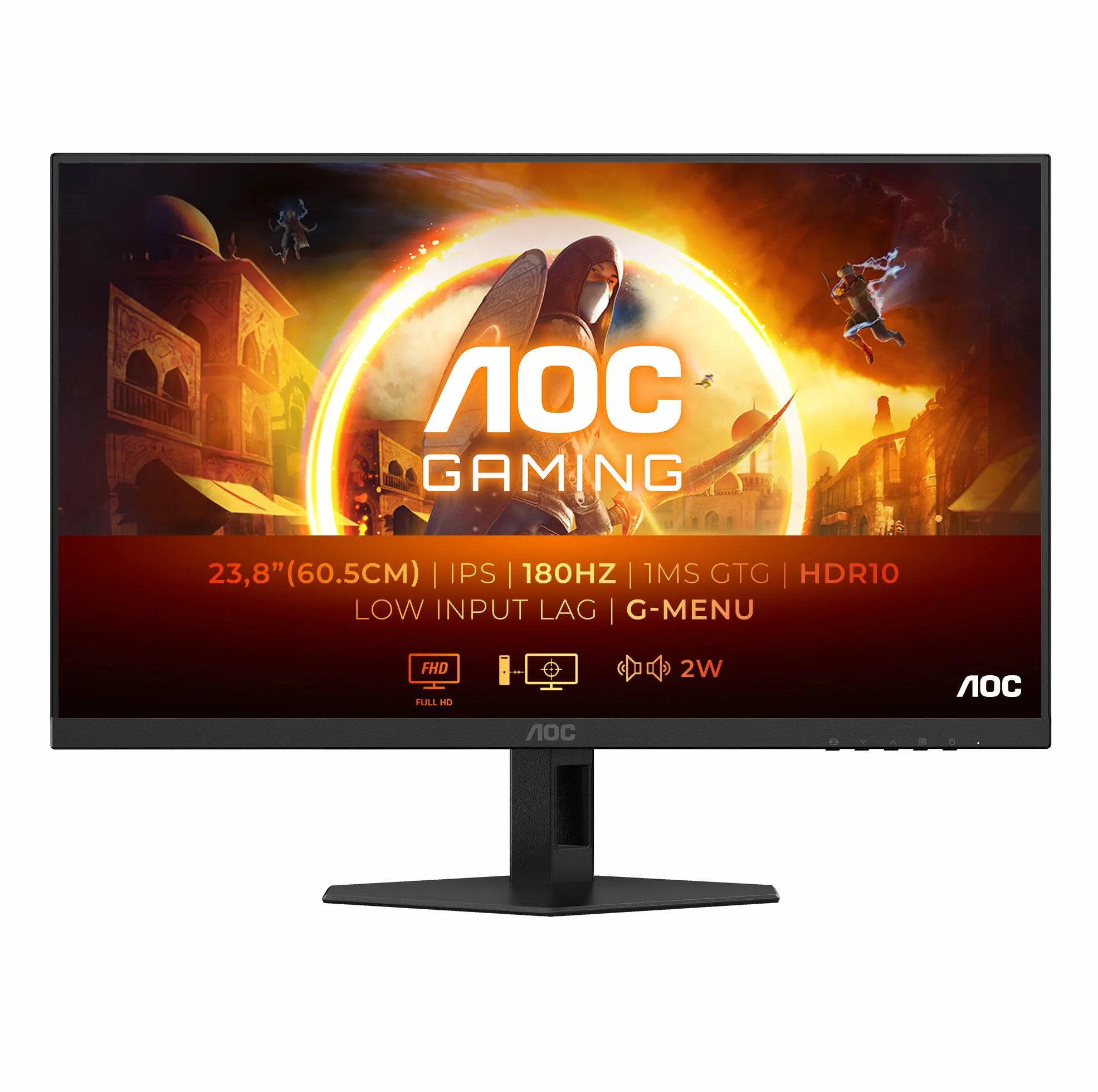 AOC Monitor do gier 24G4XED 23,8 cala 180 Hz Fast IPS Płytka, 0,5 ms MPRT, HDR10, G-Sync, głośniki, (1920x1080 HDMI 2X 2.0 DP 1x 1.4) Czarny