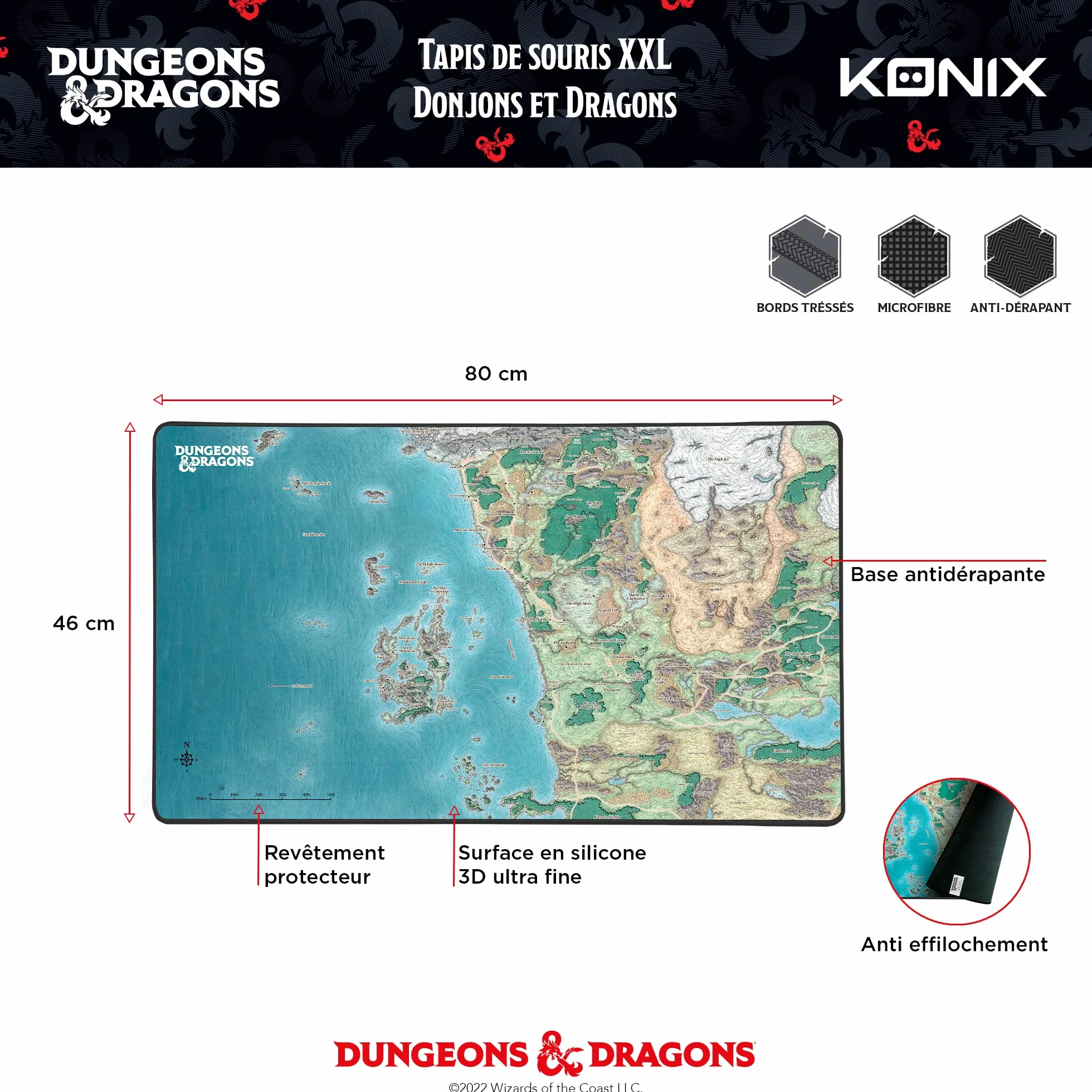 Konix Dungeons & Dragons XXL Podkładka pod mysz 80 x 46 cm do gier PC - antypoślizgowa podstawa - wzór karty Faerûn