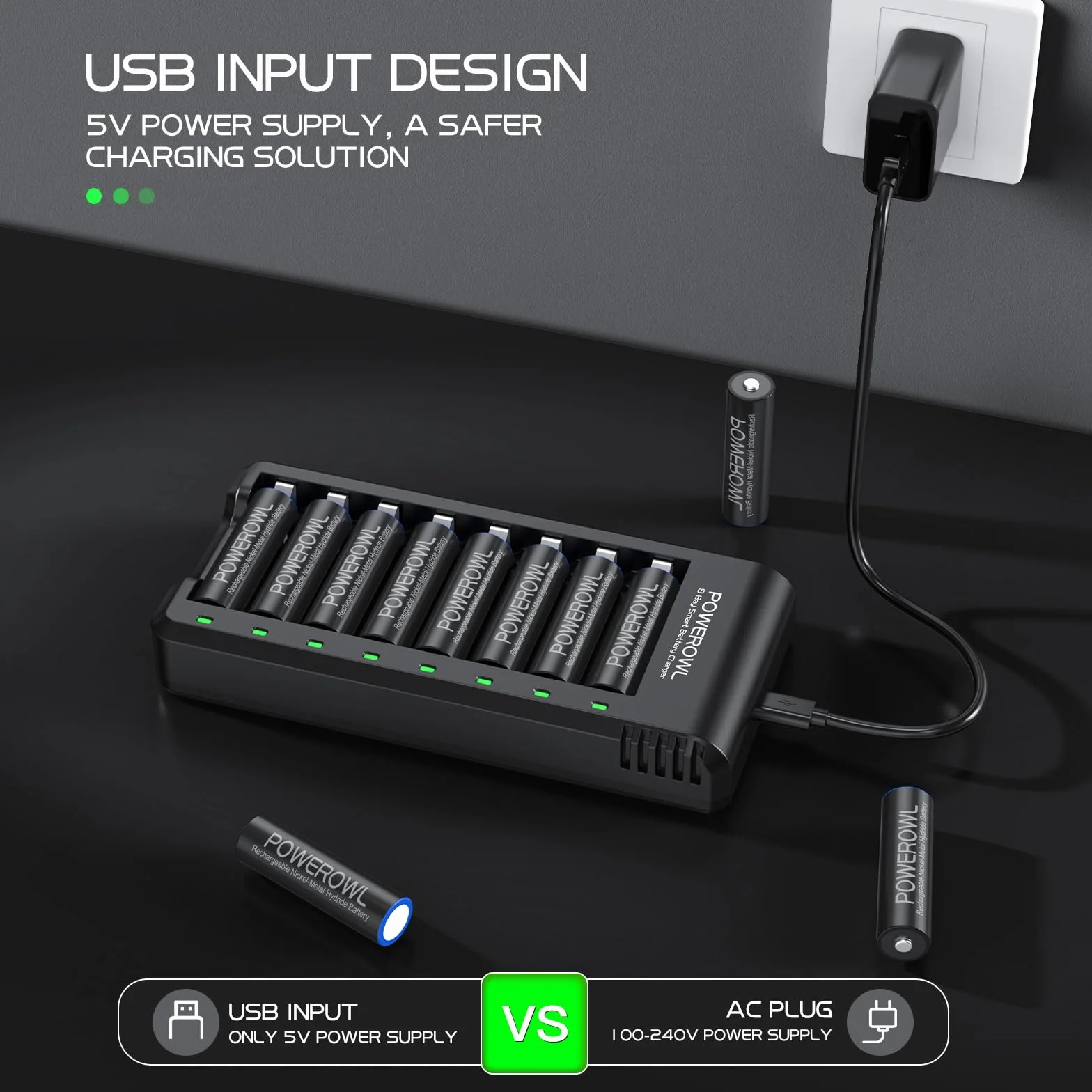 POWEROWL Ładowarka do Ni-MH/Ni-CD Akumulatory AA/AAA, Wolnostojące gniazdo & USB Szybkie ładowanie, Wskaźnik LED (8-szczelinowy ładowarka, bez baterii)