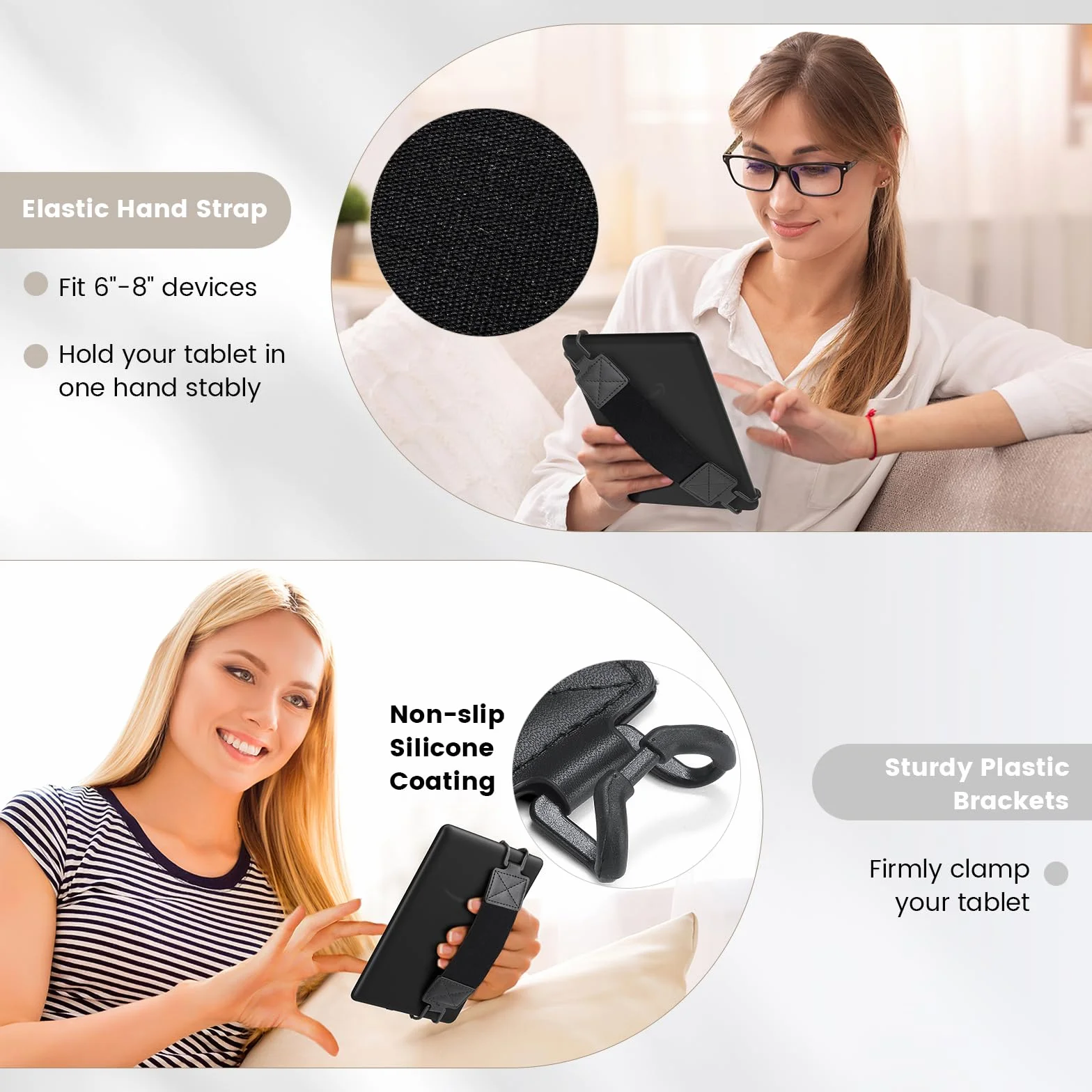 MoKo Security Hand-Strap for 6-8" Kindle eReader Fire Tablet - Kindle/Kobo/Voyaga/Lenovo/Sony Kindle E-Book Tablet, Elastic Versatile Hand Strap Lightweight Finger Grip Holder, Black Belt, Black