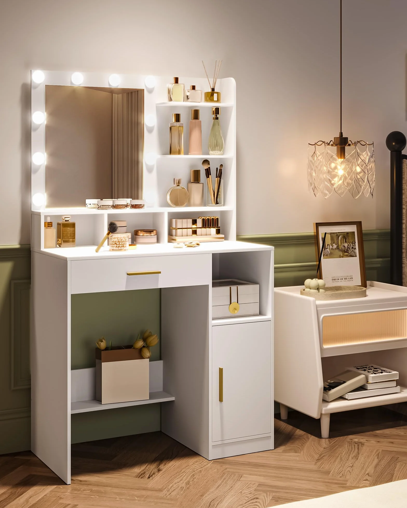 Hzuaneri Toaletka z Lustrem i 10 Lampkami Led, Toaletka z 3 Półkami i 4 Otwartymi Przegrodami, z Dużą Szufladą i Szafką, 3 Regulowane Jasności Oświetlenia Biały EVT08103X