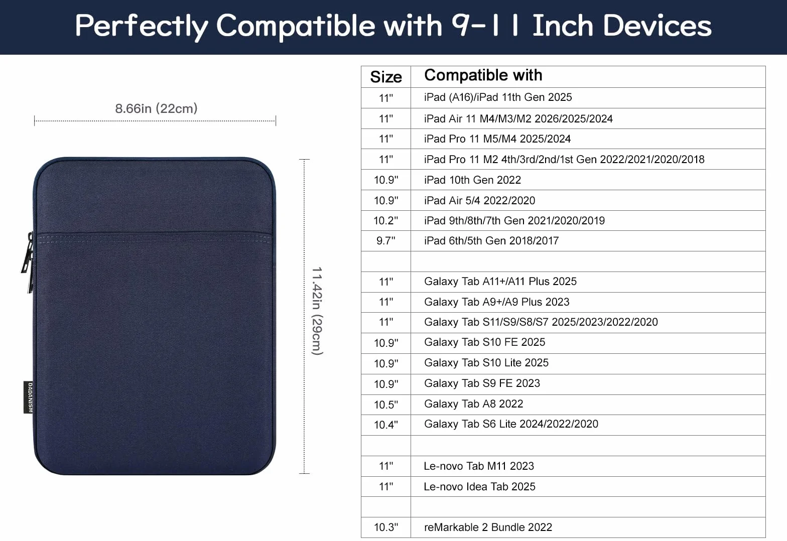 Dadanism 9-11 Inch Tablet Sleeve Bag Carrying Case for iPad (A16) 11th Gen 11", iPad 10th Gen 10.9" Air 5/4, i-Pad Air/Pro 11", i-Pad 9/8/7th 10.2", Galaxy Tab A9+ Plus 11"/S9 FE, Tab M11 11", Indigo