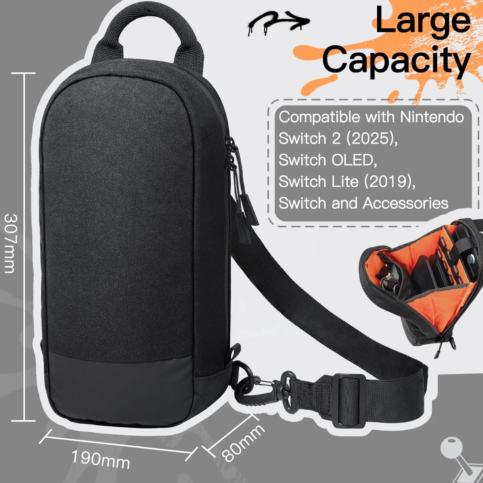 JETech Torba Sling Crossbody do Nintendo Switch 2/Switch OLED/Switch, Czarny, 8 Przegródek na Karty