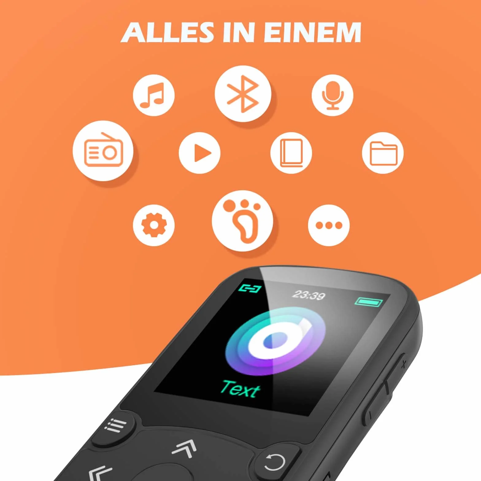 AGPTEK Odtwarzacz MP3 Bluetooth 5.3 Sport 32 GB z kolorowym ekranem TFT 1,5", mini odtwarzacz muzyki z klipsem, obsługuje kartę TF do 128 GB, z przyciskiem głośności, radio FM, krokomierz, czarny