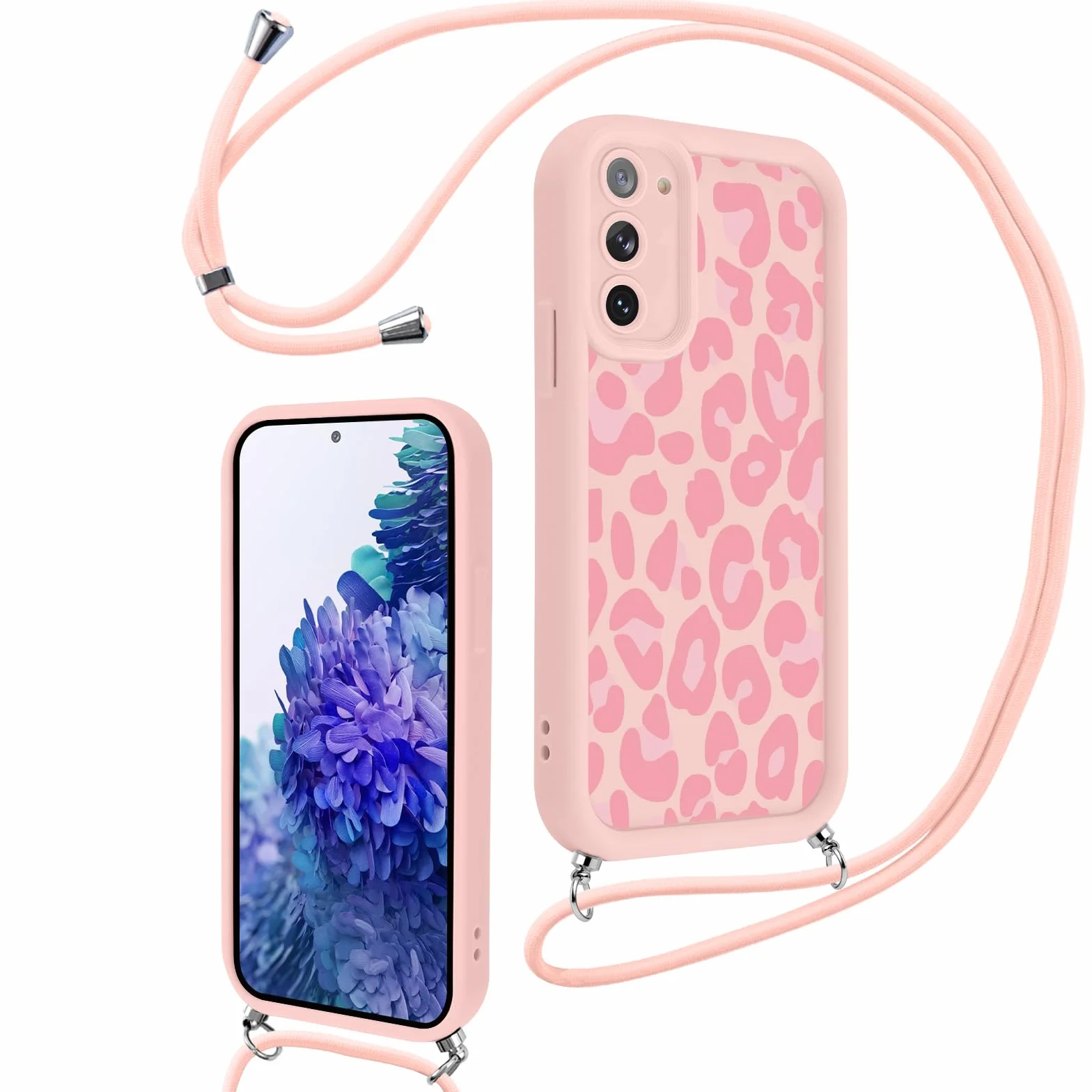 Xylota Etui ze smyczą do Samsung S20 FE/S20 Lite, estetyczne wzory lampart regulowany naszyjnik sznurowany pasek na ramię, silikonowe etui na zderzak do Samsung S20 Fan Edition 6,5 cala - Różowy 01