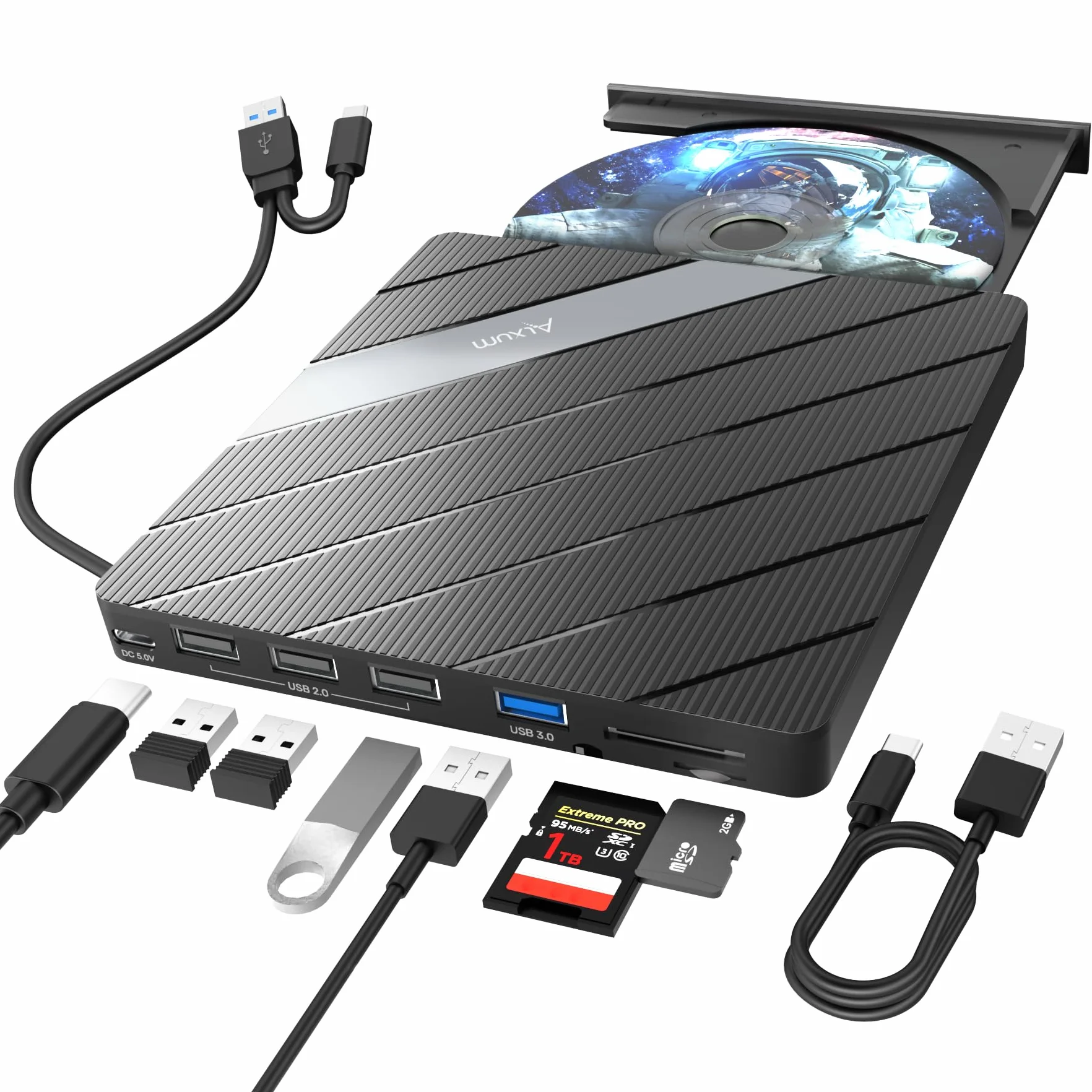 Alxum Zewnętrzny napęd CD - typ C USB 3.0 przenośny nagrywarka DVD/CD RW ROM z gniazdem SD/TF i portami USB CD 24X DVD 8X Super szybki czytnik CD/DVD do laptopa/Windows/Linux/Vista/Imac/Macbooka