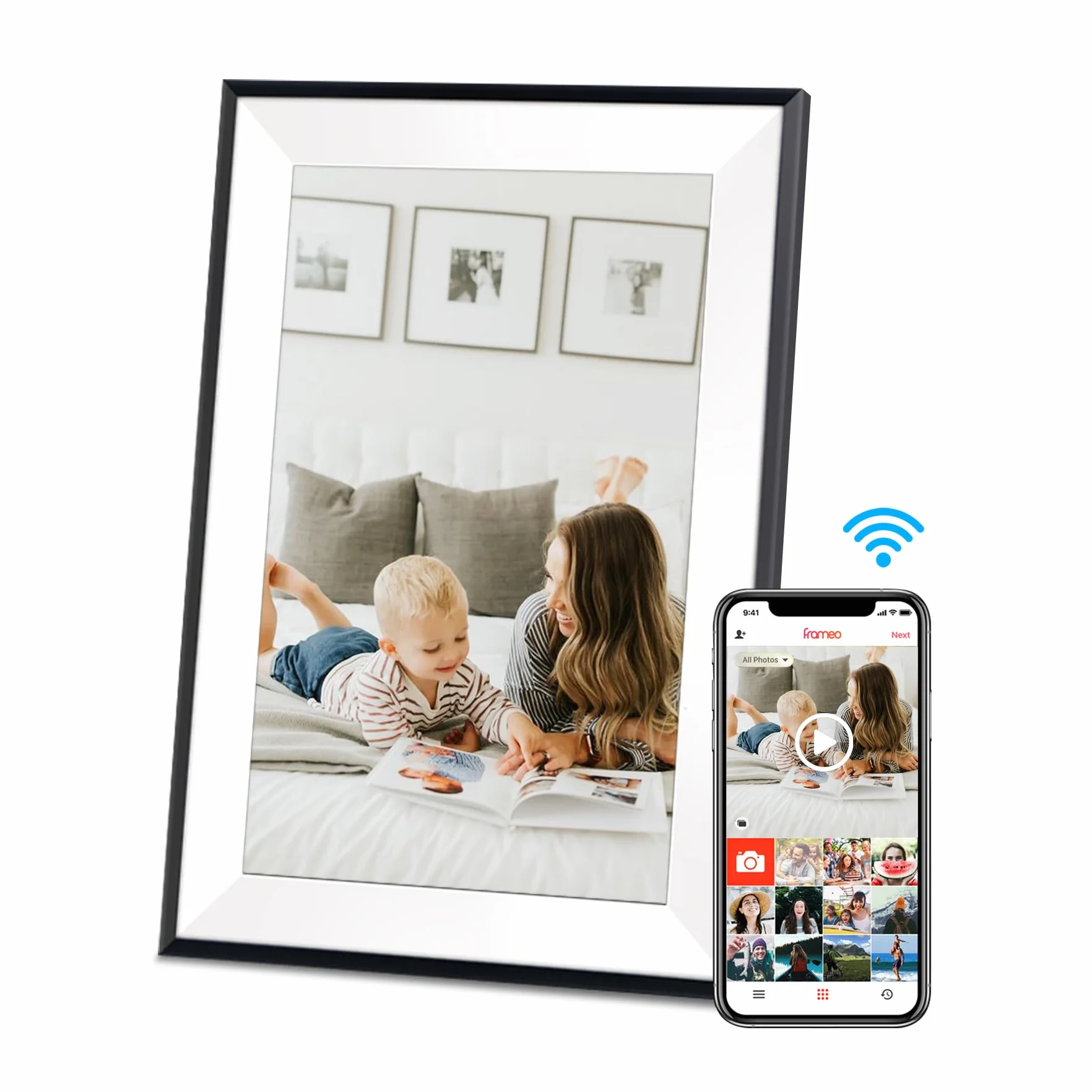 Hesmor Frameo Cyfrowa ramka na zdjęcia WiFi, 10,1-calowa cyfrowa ramka na zdjęcia 1280 x 800 IPS ekran dotykowy automatycznie obracana elektroniczna ramka na zdjęcia udostępnianie zdjęć wideo w