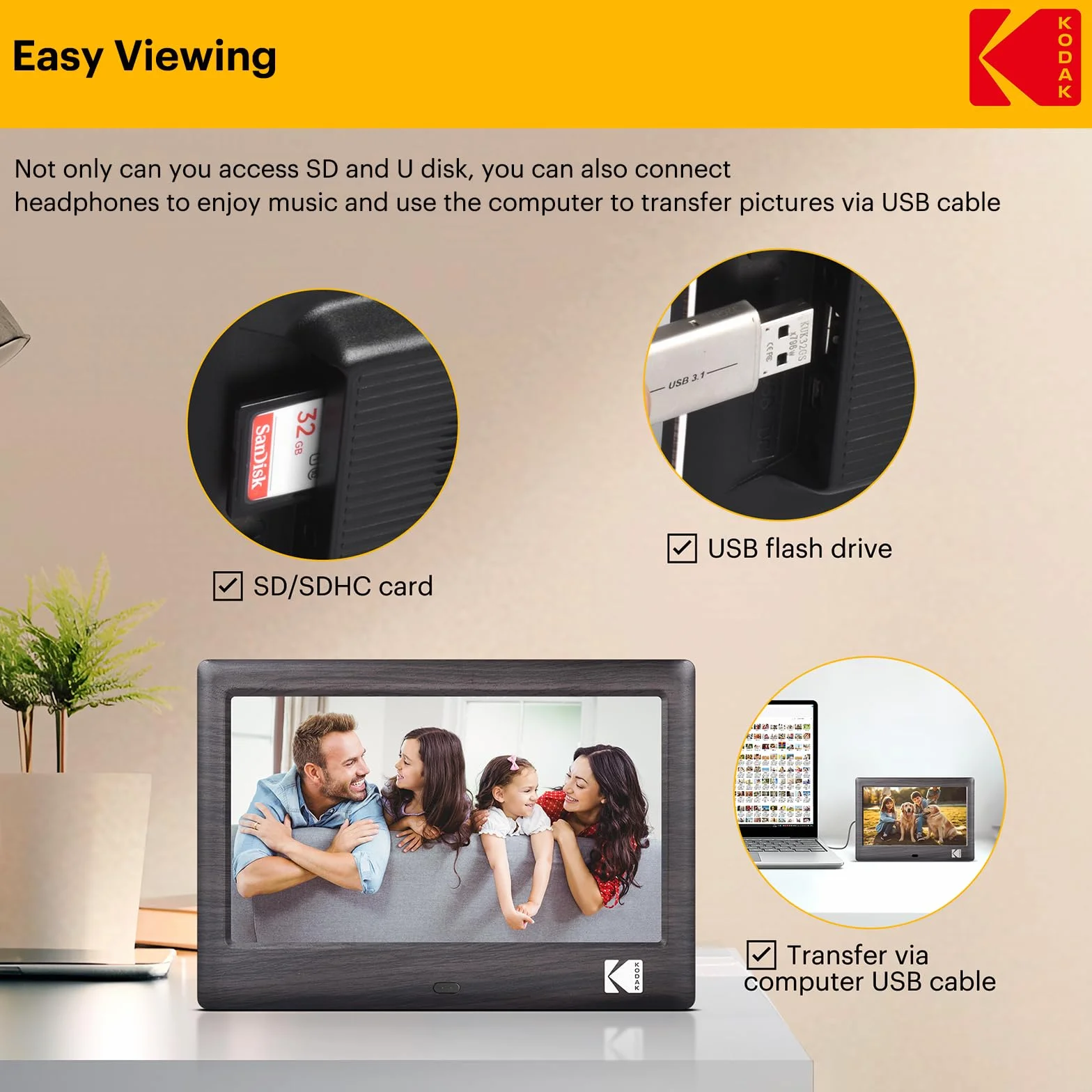 KODAK Cyfrowa ramka na zdjęcia 7", elektroniczna ramka na zdjęcia, ekran IPS, odtwarzacz zdjęć, muzyki, wideo, kalendarz, alarm, obsługa kart USB lub SD, automatycznie obracana, z pilotem zdalnego