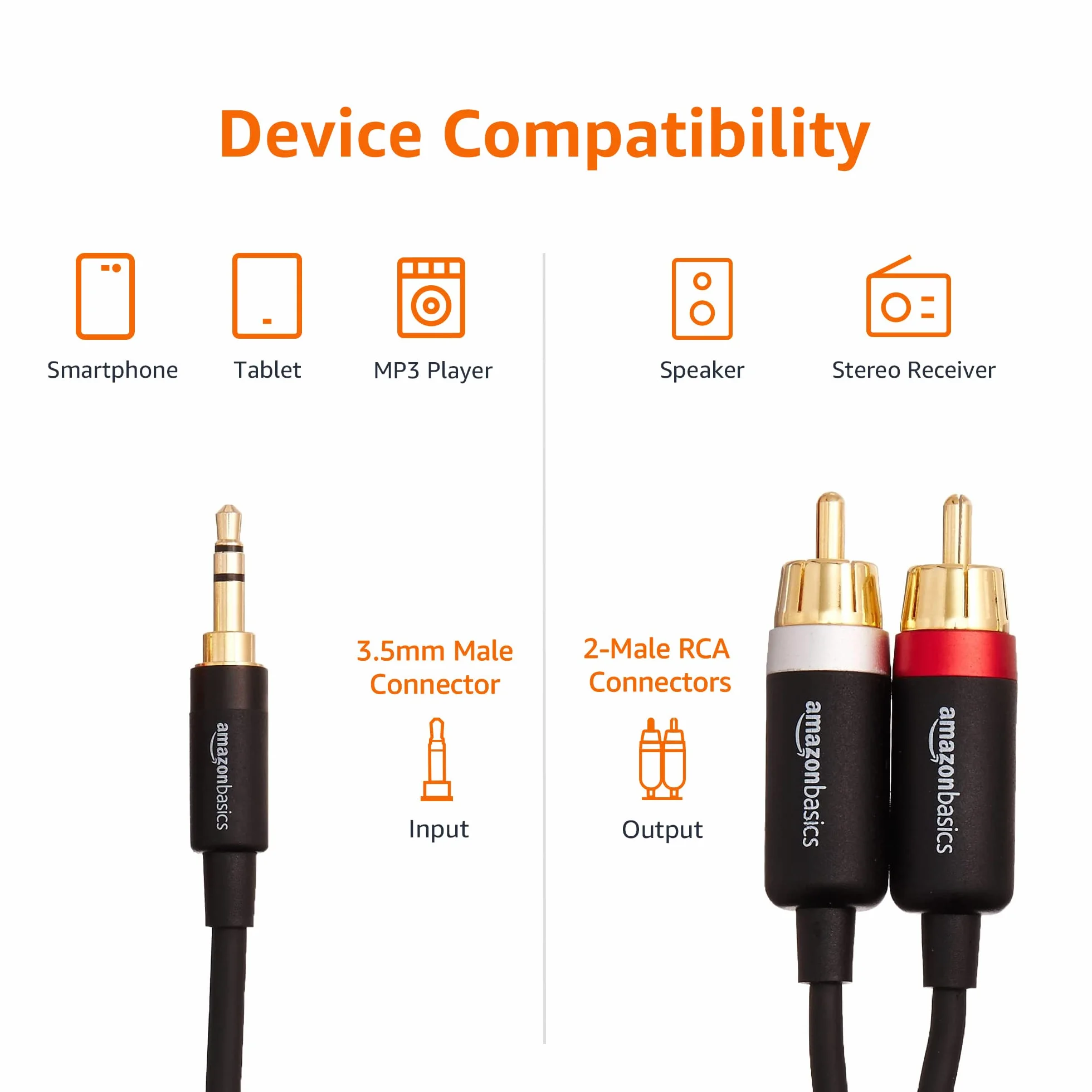 Amazon Basics Kabel Audio 3,5 AUX na 2 RCA, Adapter Do Wzmacniaczy, Do Aktywnych Głośników, Z Pozłacanymi Wtyczkami, Czarny, 2,44 m