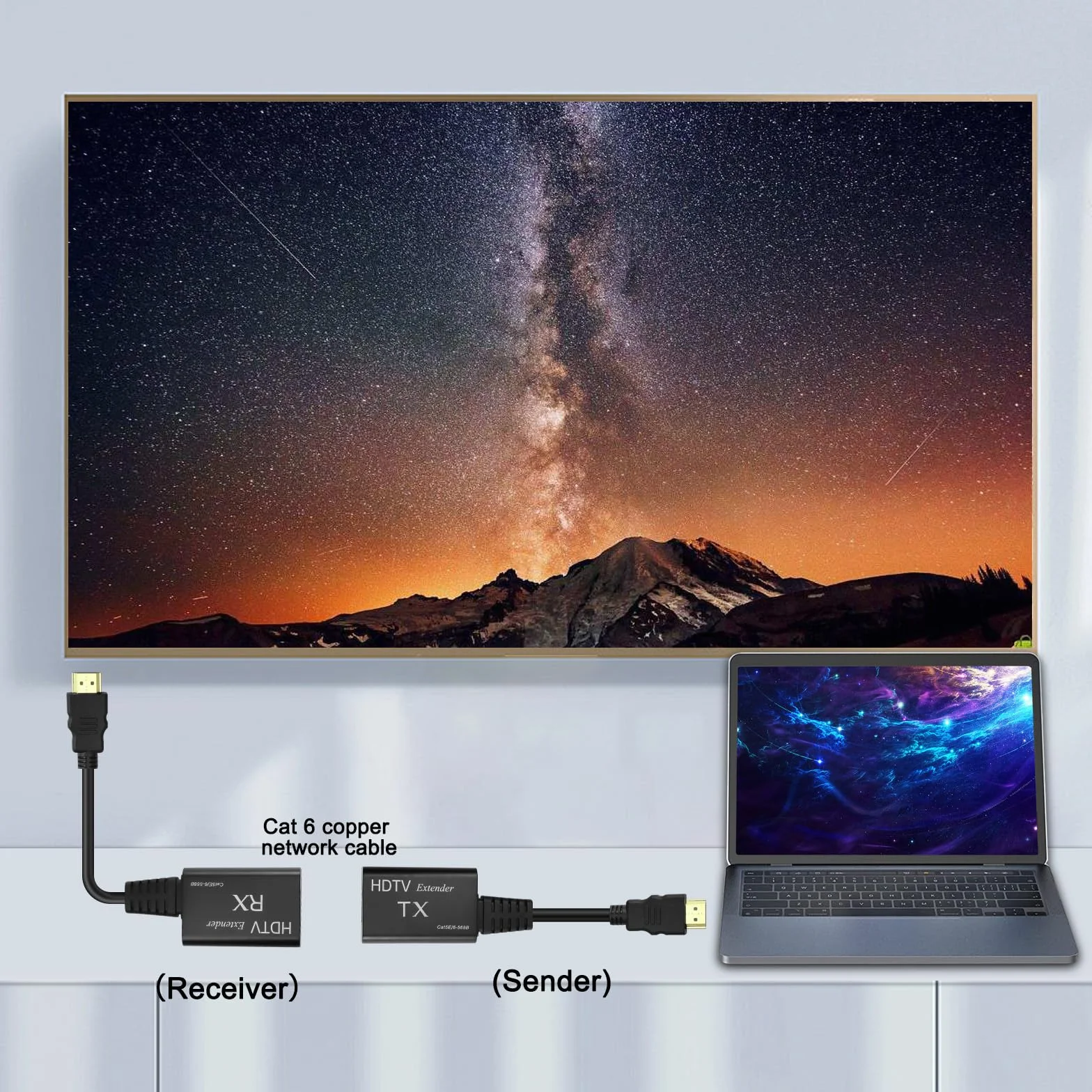 XMSJSIY Przedłużacz HDMI, męski na RJ45, przedłużacz sieciowy LAN, konwerter 60 m, wzmacniacz Over Cat 5e/6 1080p do 60 m, przedłużacz do HDTV HDPC 4K 2K (60 m) - konieczność regulacji odległości