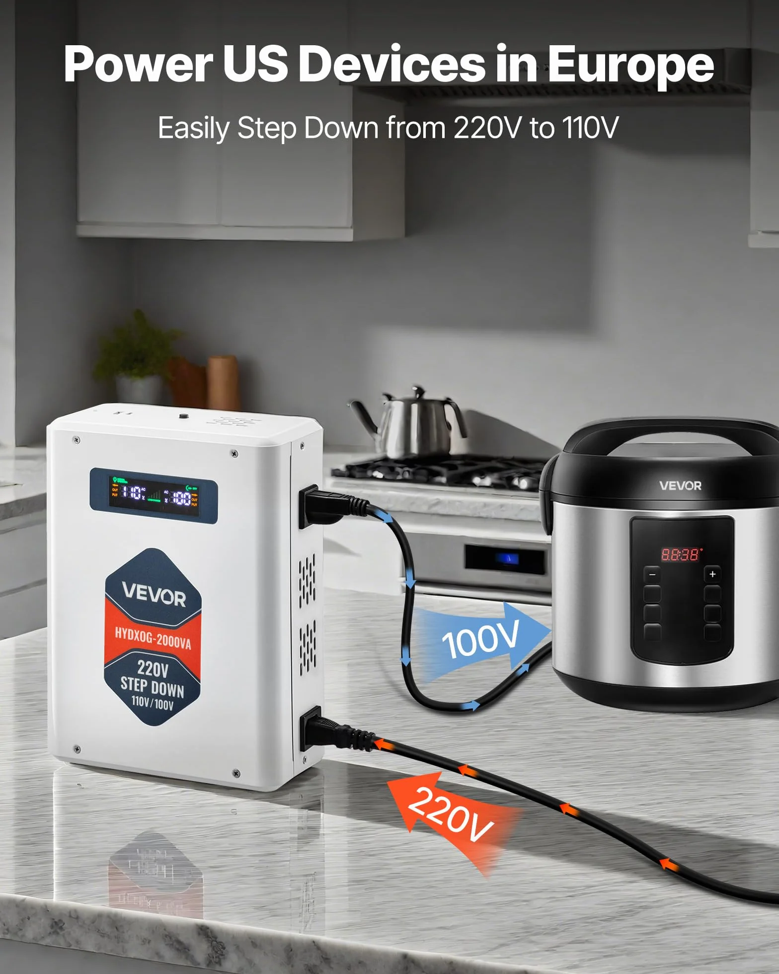 VEVOR Przetwornica napięcia Step-Down 2000 VA, Heavy Duty Transformator mocy 220 V na 110 V z 2 gniazdami amerykańskimi, wyjściem USB, wyświetlaczem LCD, do urządzeń gospodarstwa domowego 110 V