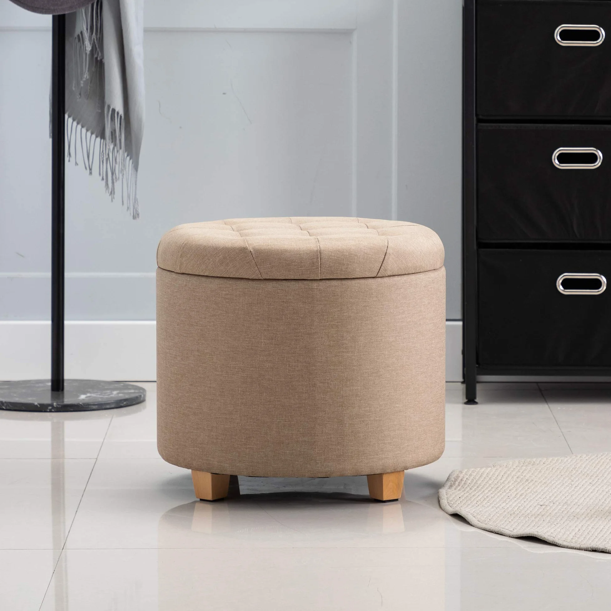 HNNHOME Okrągły lniany wyściełany podnóżek, pufy, krzesło z pokrywkami, 45 cm, beżowe