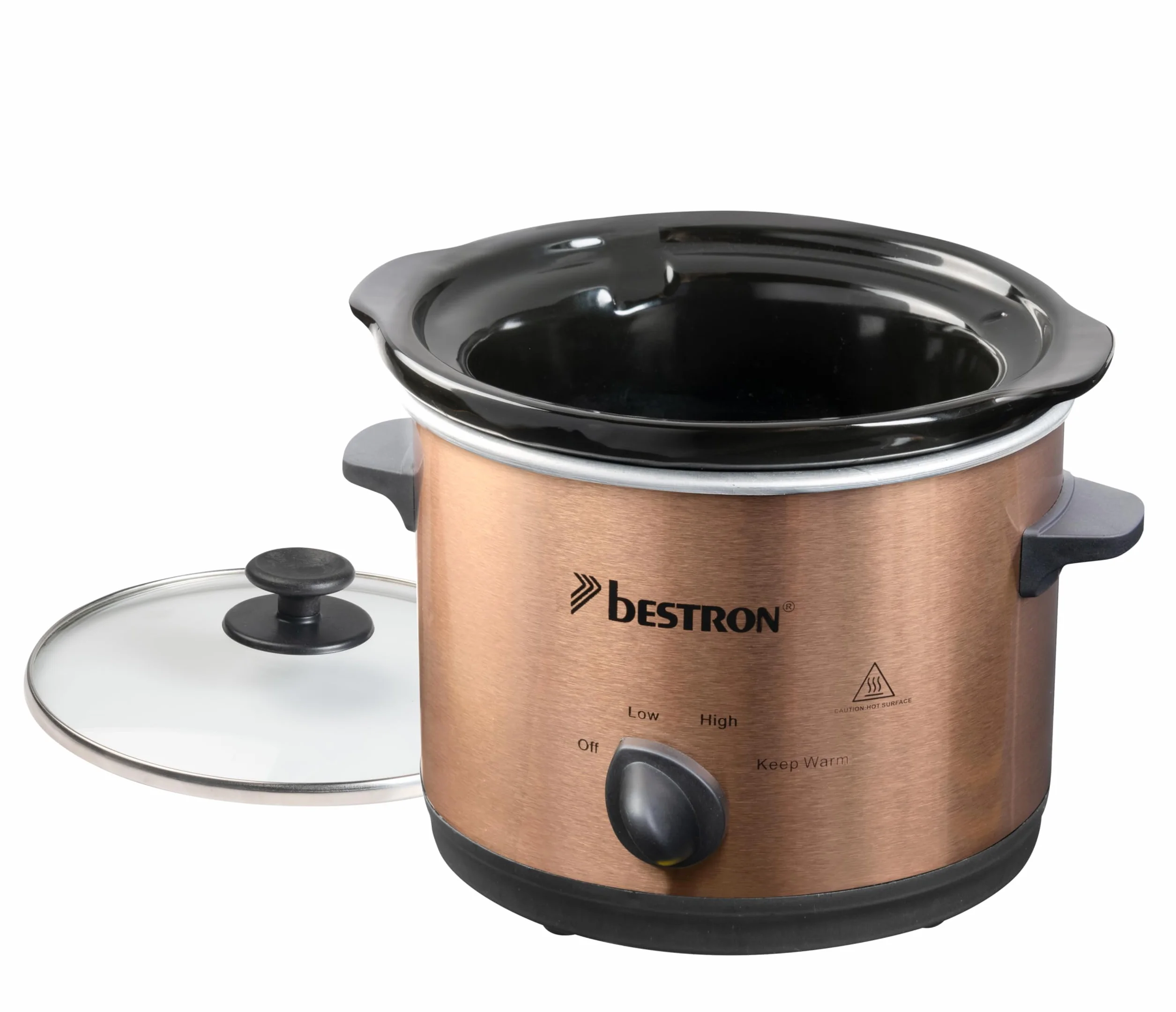 Bestron Slowcooker 1,5 L dla 2 osób, wolnowar z ceramiczną patelnią i szklaną pokrywką, 3-stopniowy termostat, Copper Collection