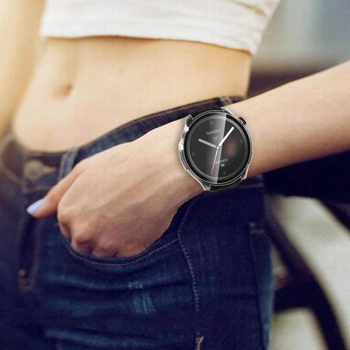 ivoler 3 sztuki twarde etui PC z ochroną ekranu ze szkła hartowanego dla Amazfit Balance, kompletna osłona, ultracienka osłona przeciwzdrapna, 2 przezroczyste + 1 czarne