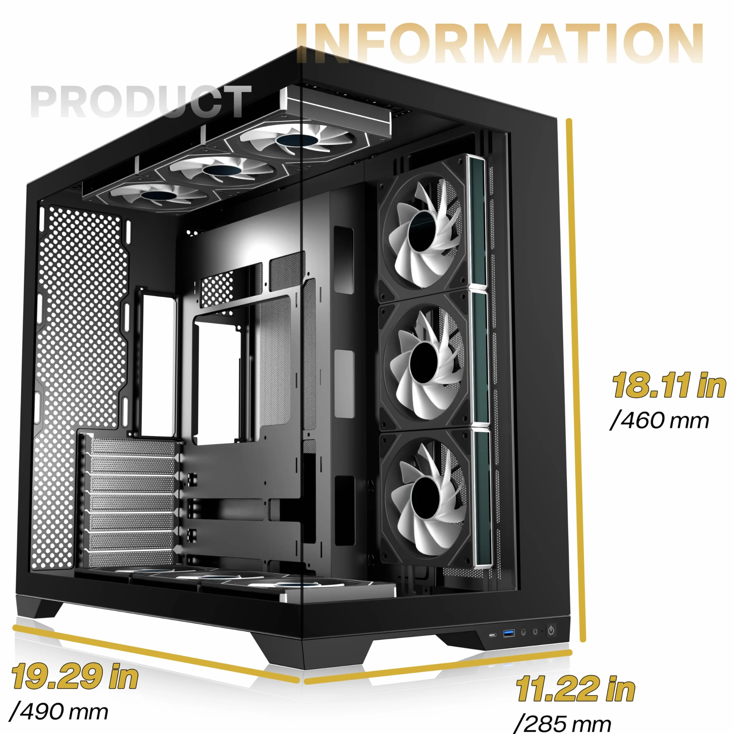 ANSAITE ATX obudowa PC 9 × 120 mm ARGB PWM, fabrycznie zainstalowany, panoramiczne szkło hartowane, czarna, obudowa komputera do gier Mid-Tower