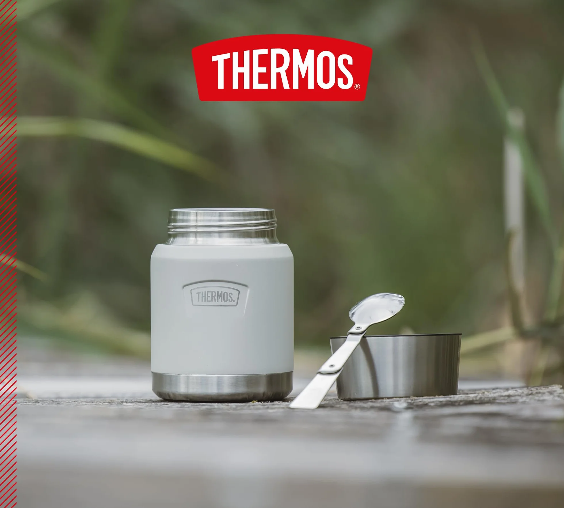 Thermos ICON Food Jar 0,47 l, beżowy matowy piaskowy kamień, naczynie do jedzenia 470 ml, podwójne ścianki ze stali nierdzewnej 18/8, utrzymuje ciepło i zimno, ze składaną łyżką, antypoślizgowe dno,