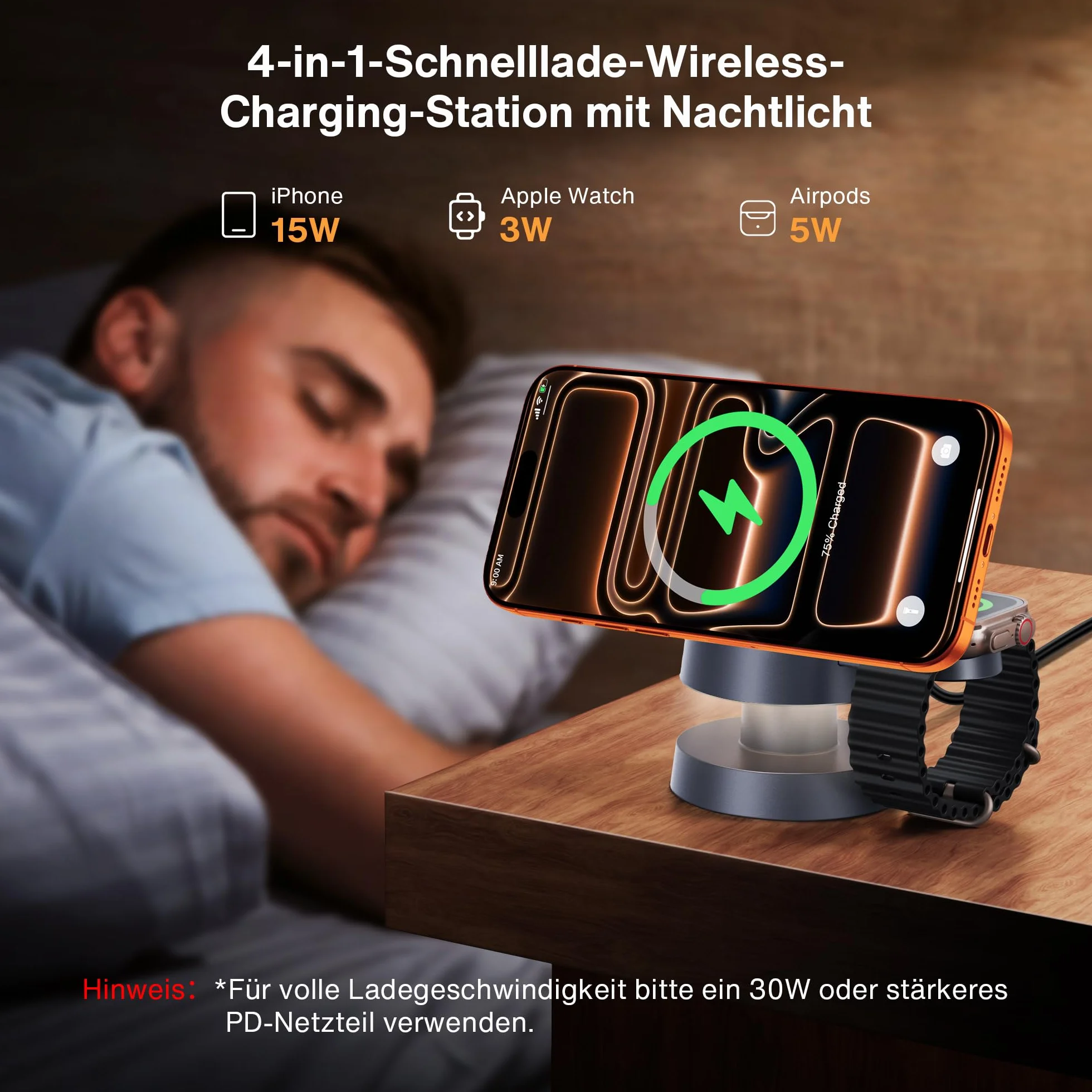 iVANKY Ładowarka bezprzewodowa 4 w 1 iPhone'a 17 Stacja ładująca z lampką nocną, 3 w 1 15 W Podróżna podstawka ładowarki Mag-Safe iPhone'a 17/16/15/14, Apple iWatch, Airpods