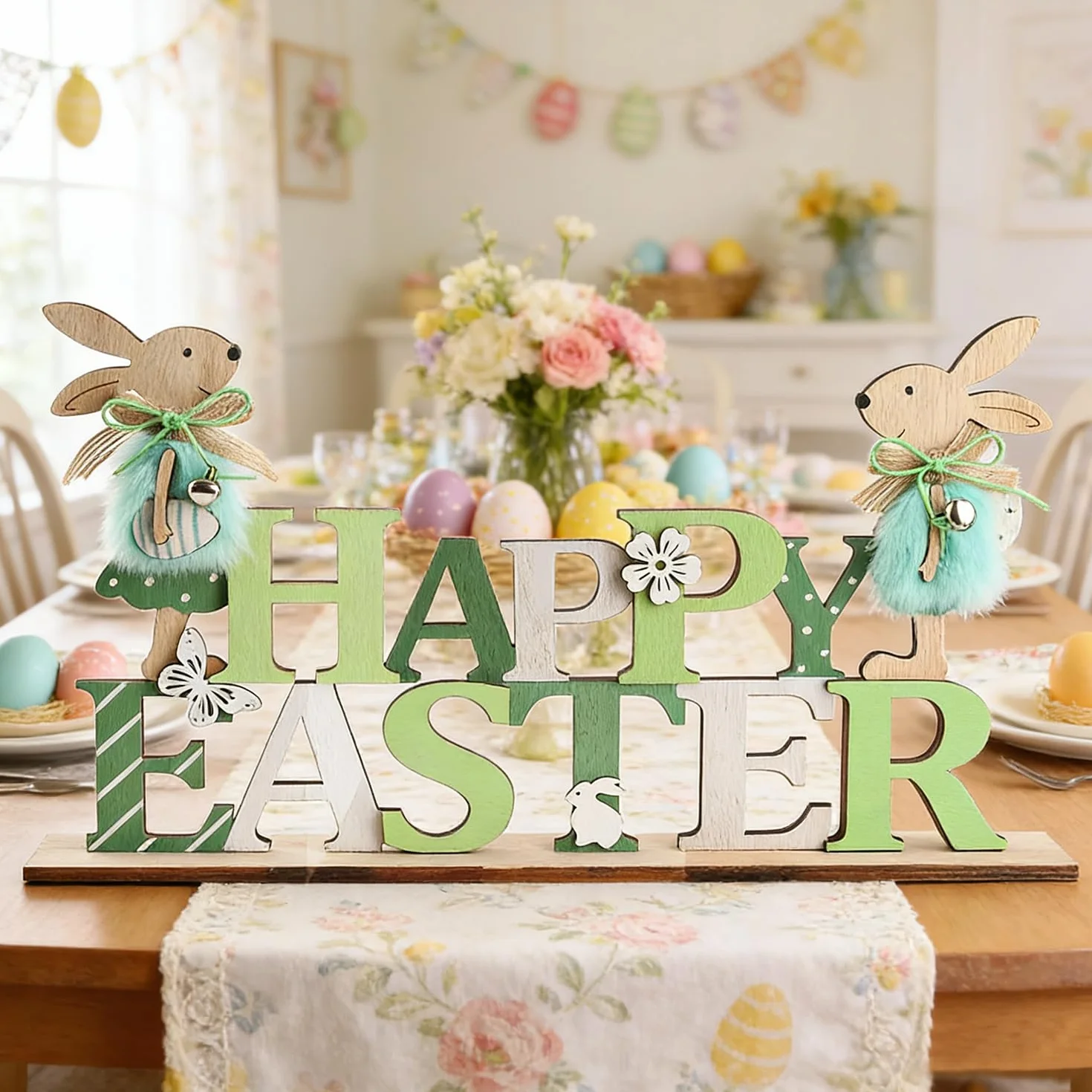 Dekoracja wielkanocna z drewna napis B-Happy Easter 2 zając