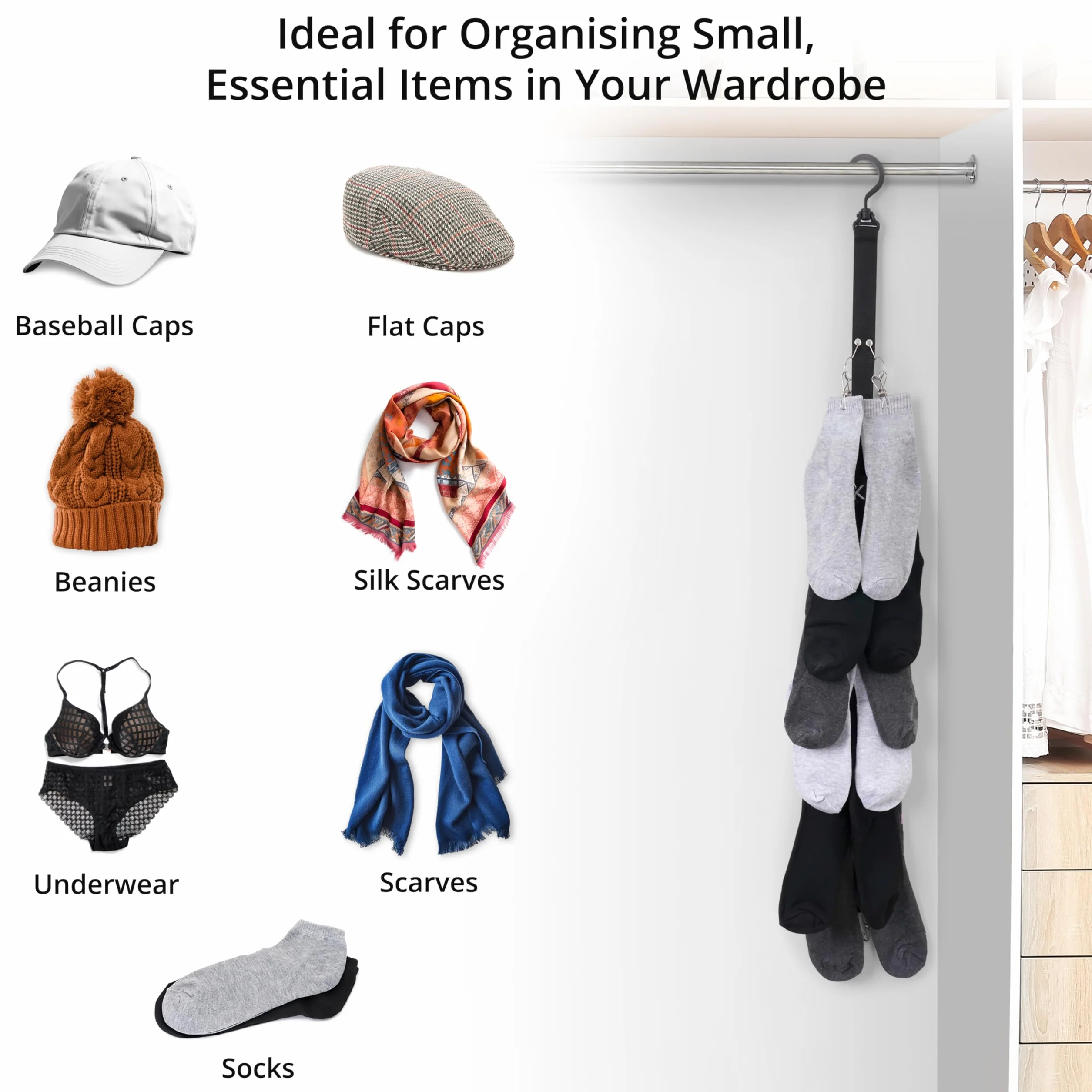 Winter Shore Organizer na Czapki do Szafy 2-pak Pionowy Wieszak na Czapki 32 Stalowymi Klamrami Montaż na Ścianie 100 cm