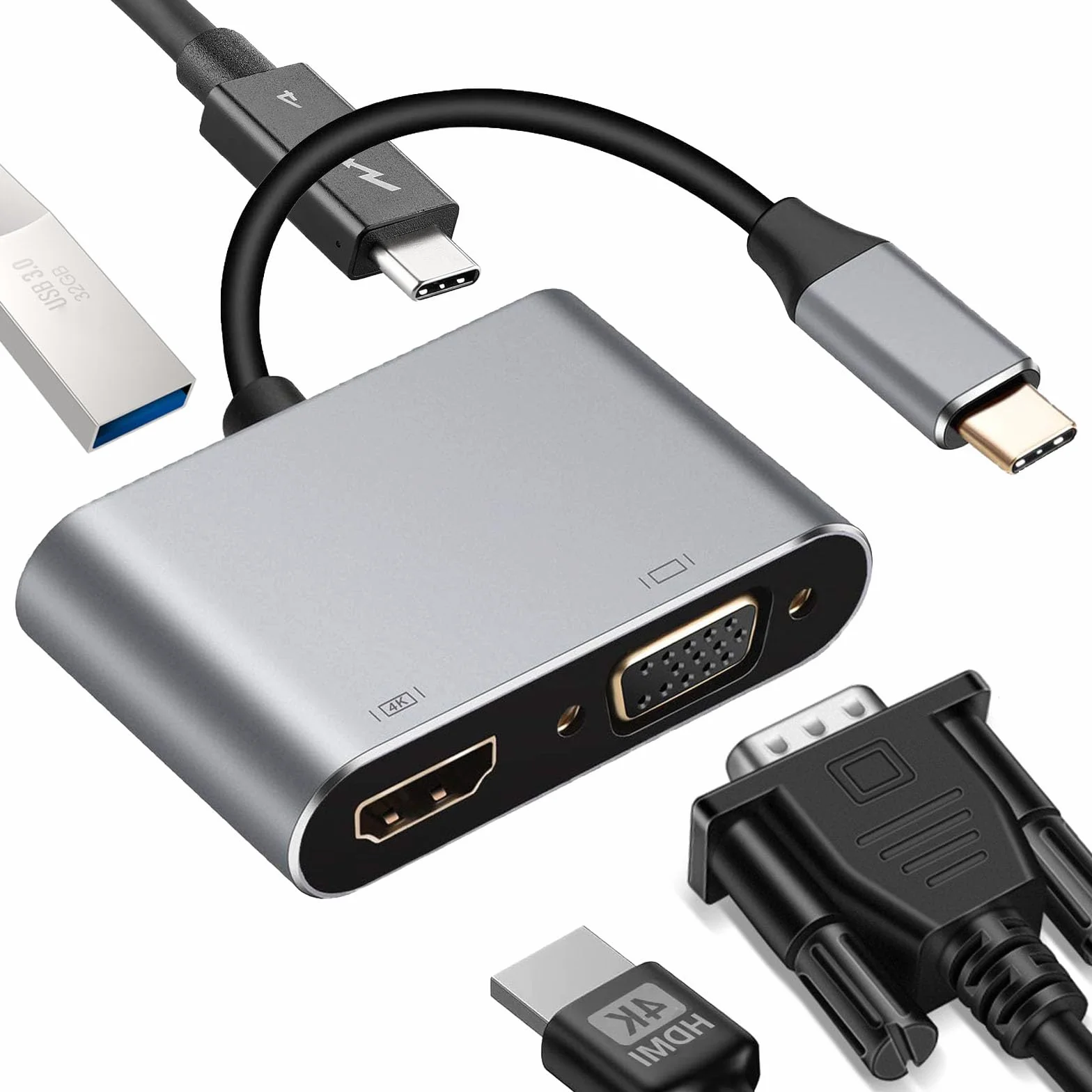 GERUI Adapter USB C na HDMI VGA, 4K @ 30Hz, adapter wieloportowy USB C 4-w-1, port ładowania PD 100W, port USB 3.0 do MacBook/MacBook Pro/Air, Chromebook, HDTV