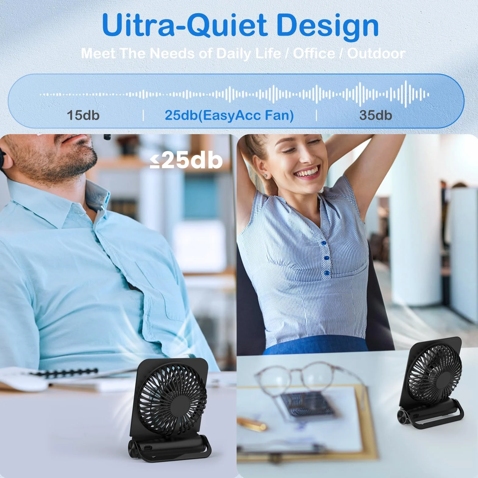 EasyAcc Ultracienki mini wentylator stołowy 4 prędkości/2000 mAh/5 łopatek/składany/zawieszany wentylator USB-C przenośny cichy akumulator wentylator z baterią do podróży do biura makijażu