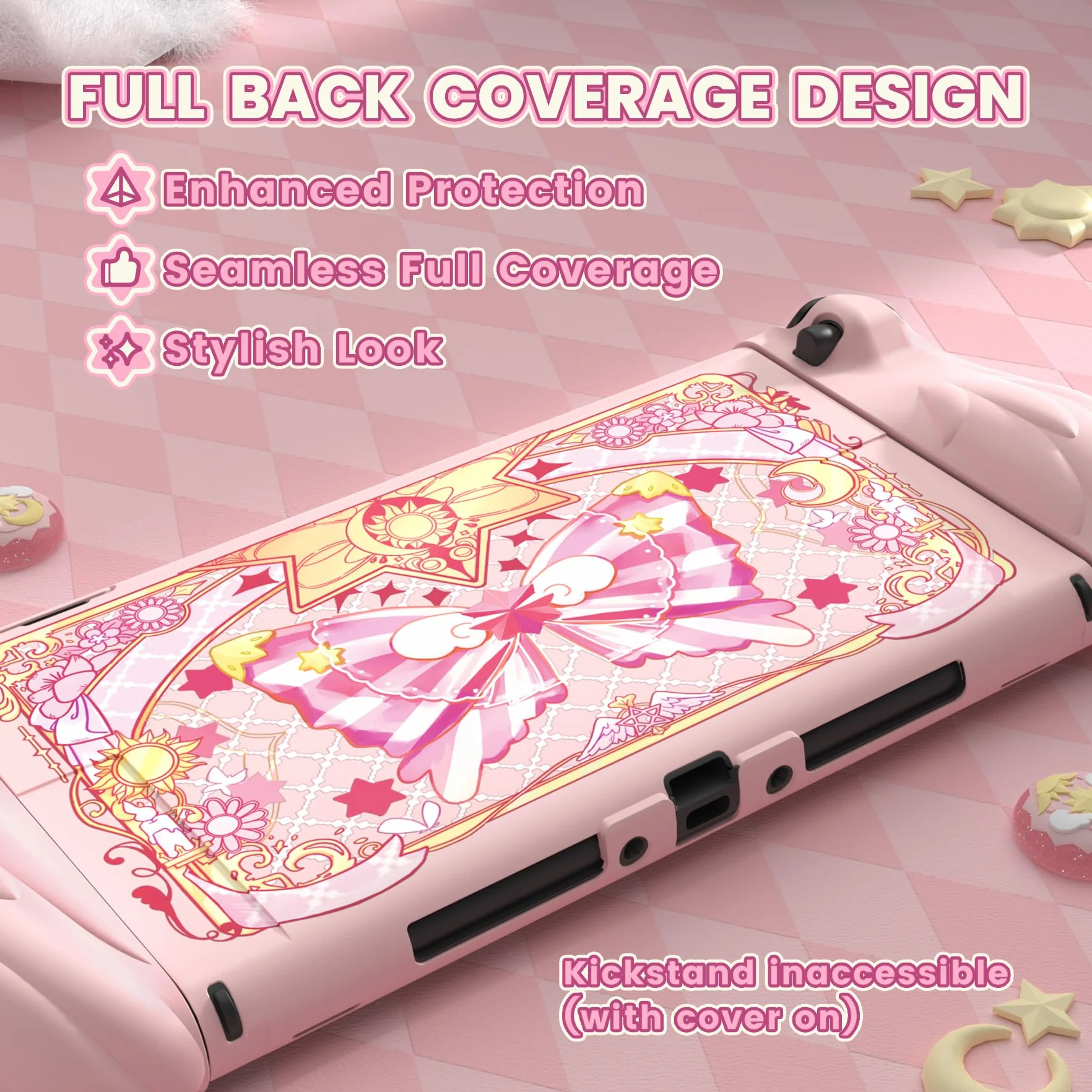 PlayVital Etui na Konsolę do Switch 2 Akcesorium z Silikonowymi Osłonami Joycon & Nakładkami na Joysticki do Switch 2,Dockowalne Ochronne-Różowe, Styl Magiczne Skrzydła