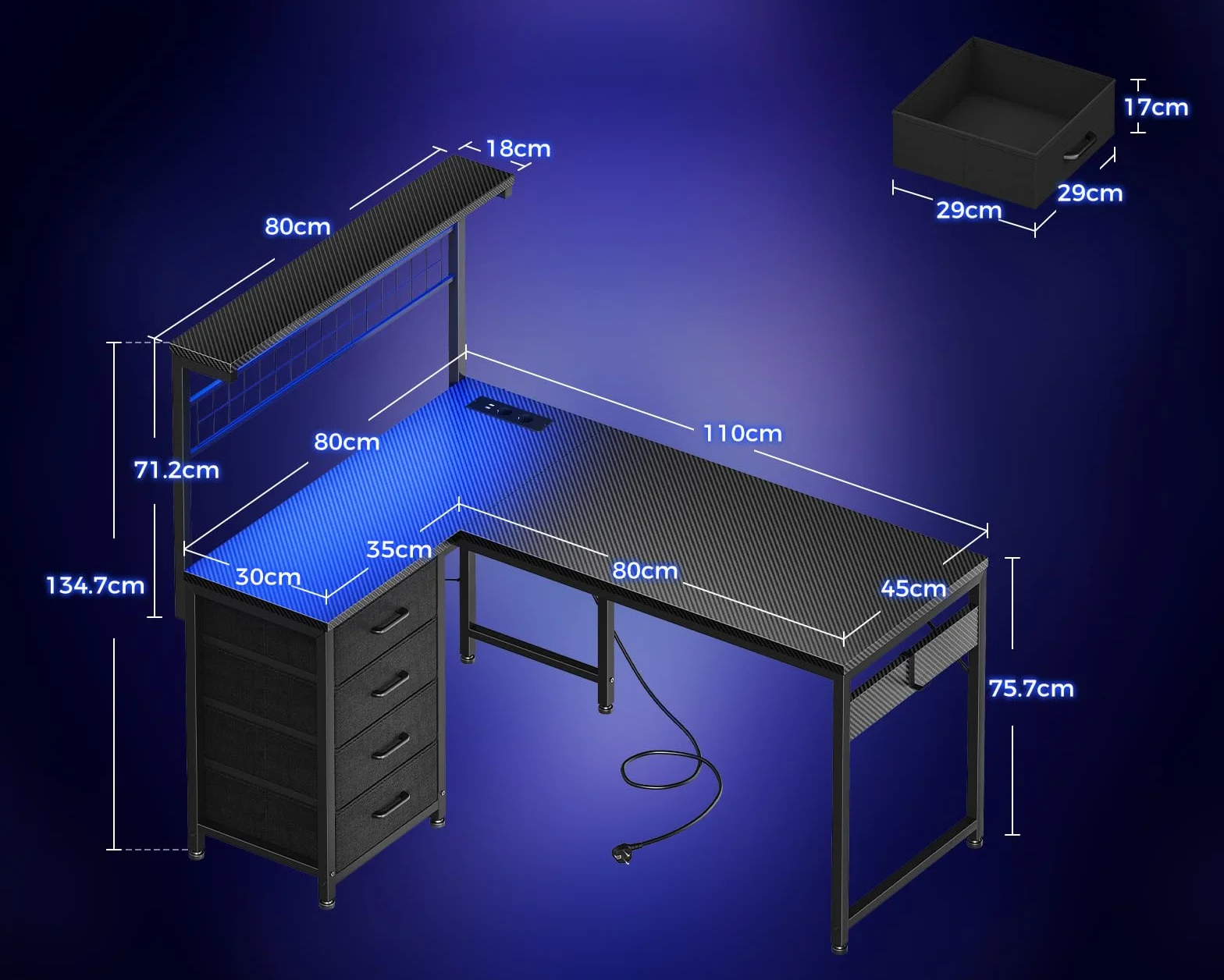 Coleshome Biurko Gamingowe z LED, Odwracalny Stół do Gier z Szufladami i Gniazdkami, Narożne Biurko z Miejscem do Przechowywania (Czarny Węglowy, 110×80 cm)