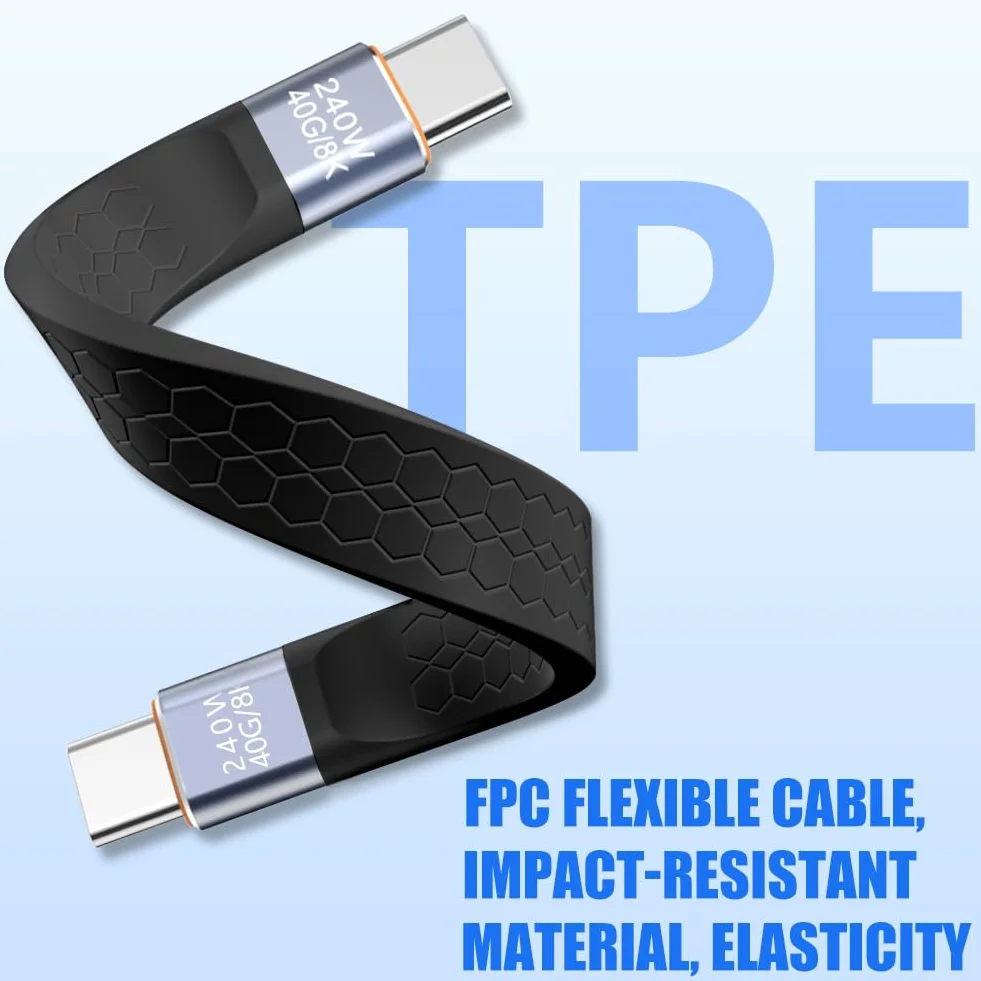 Krótki kabel USB C 13 cm, przenośny brelok, 240 W typ C męski na męski 40 Gbps szybkie ładowanie transfer danych miękki kabel FPC do telefonów iPada Tablet Urządzenie - czarny