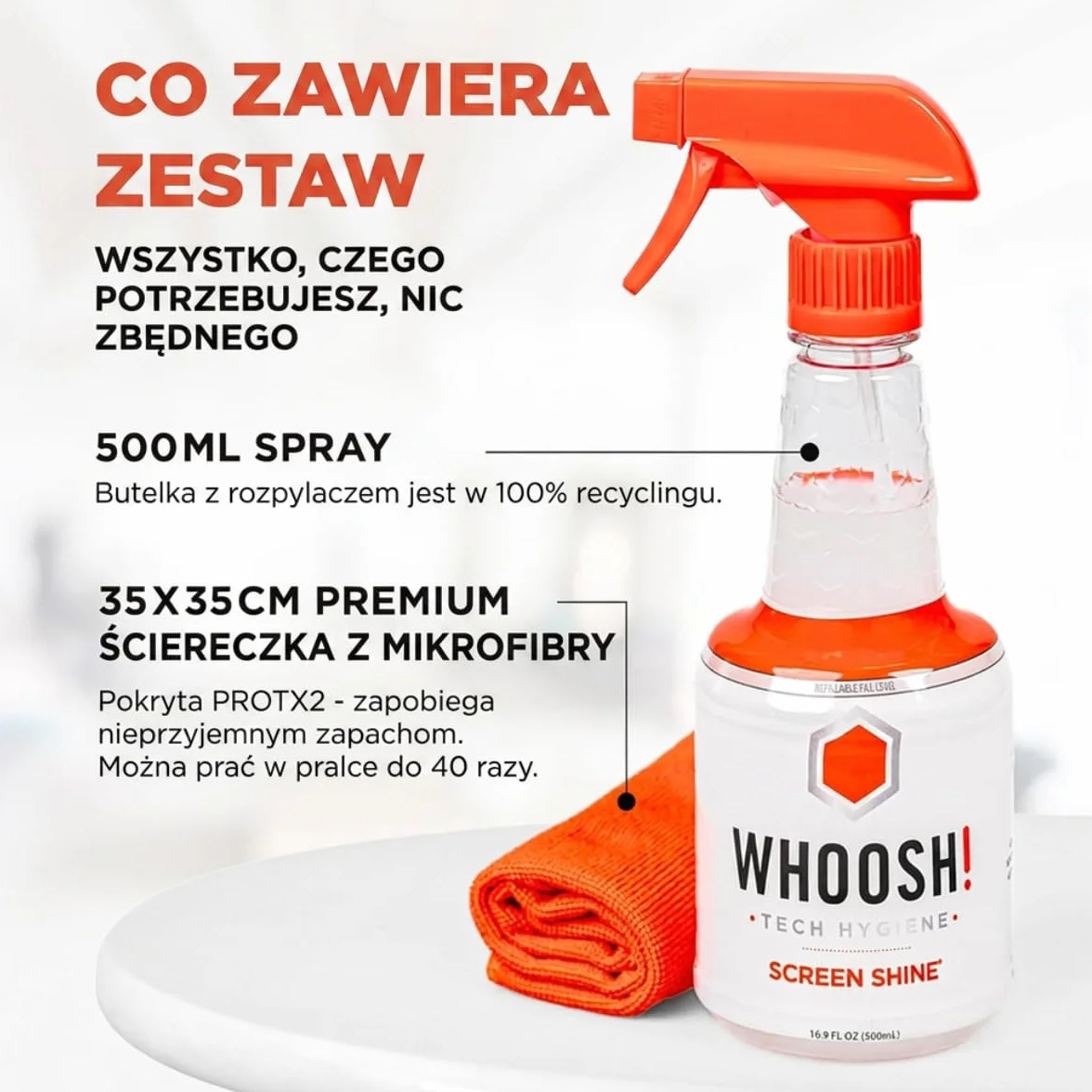 WHOOSH! Zestaw do czyszczenia ekranu wielokrotnego użytku - najlepszy do smartfonów, iPadów, okularów, Kindle, ekranu dotykowego i telewizorów - 1 butelkę 500 ml + (35 x 35 cm) szer.! Materiał