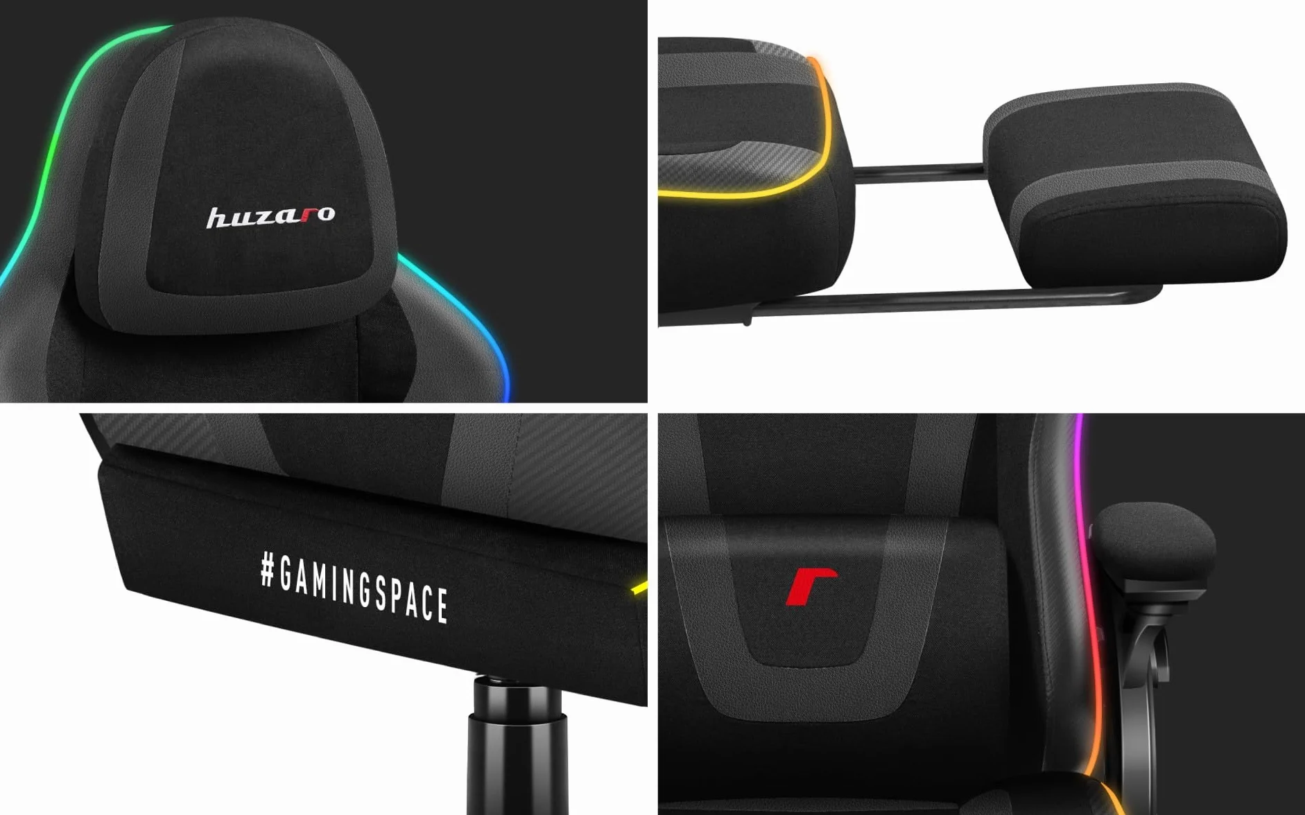 huzaro Force 4.6 RGB Black Mesh krzesło gamingowe LED, ergonomiczne, synchronizacja muzyki, podnóżek, funkcja przechylania, regulowany zagłówek, obciążenie 130 kg, materiał, kolor czarny