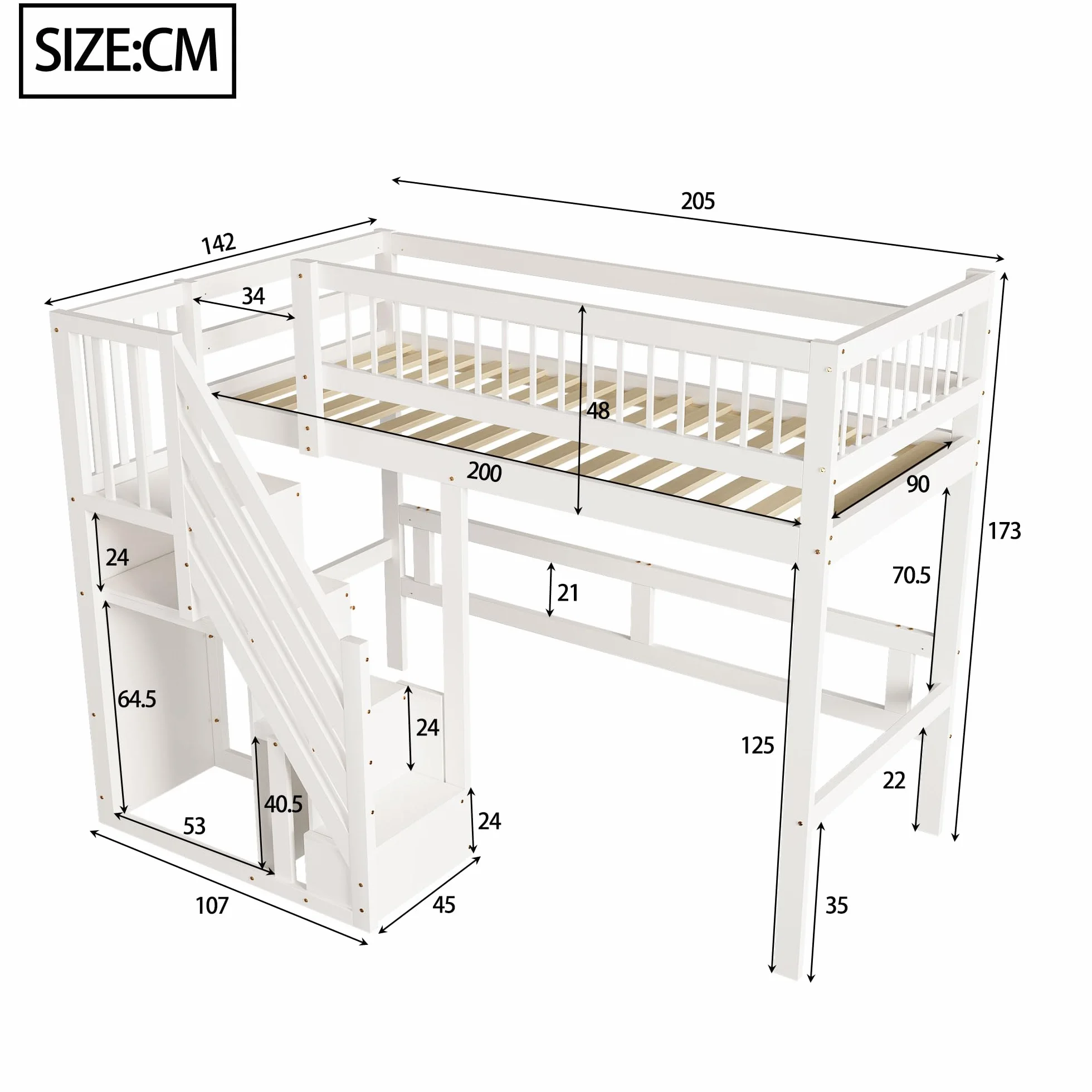 Łóżko piętrowe 90x200 cm z litego drewna białe z szafką i stelażem