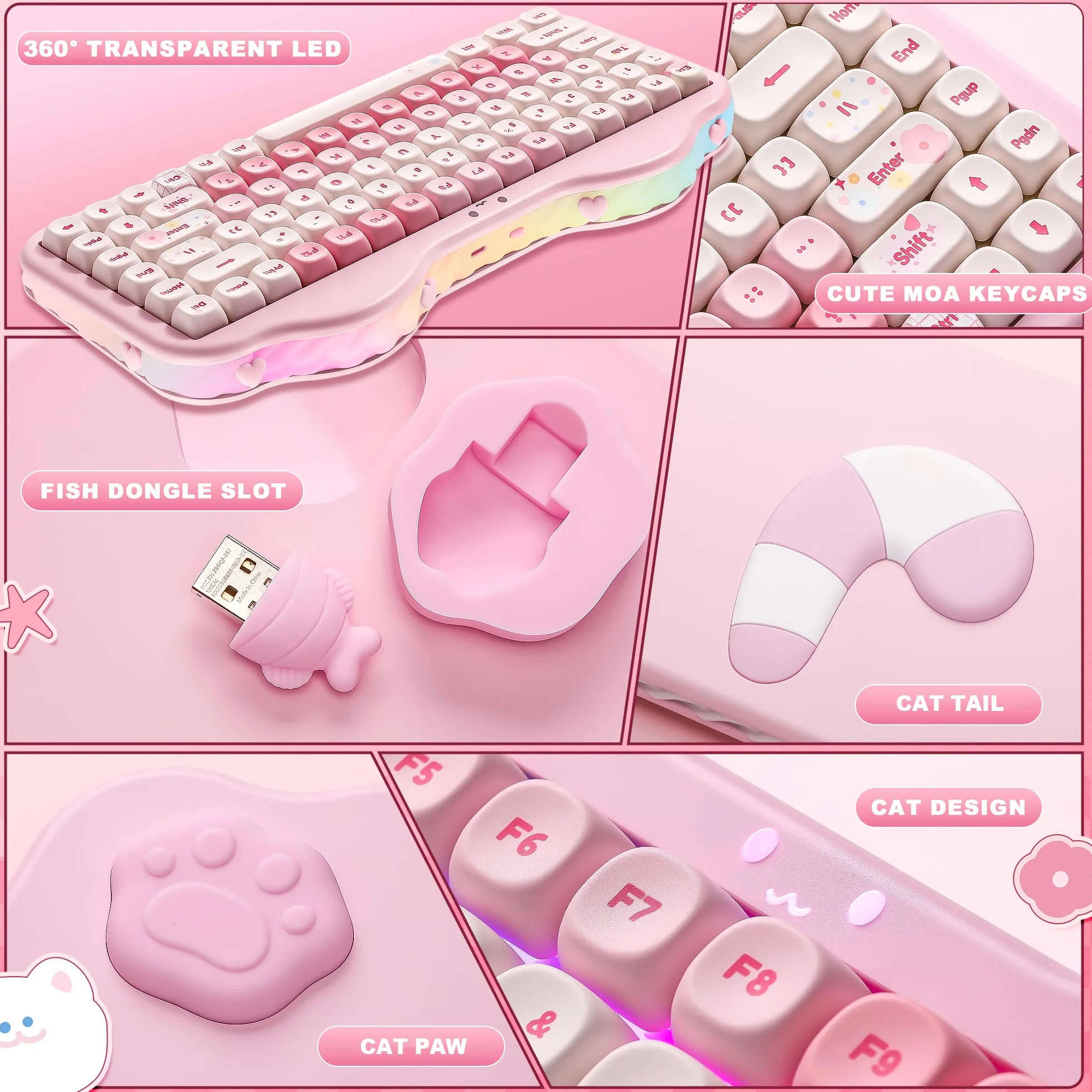 YUNZII C75 Bezprzewodowa Mechaniczna Klawiatura, 75% Układ Hot Swappable Kremowa Klawiatura NKRO,Uroczy Projekt Ciasta BT5.0/2.4G/USB-C dla Win/Mac/Gaming (Różowy, Milk V2 Linear Switch)