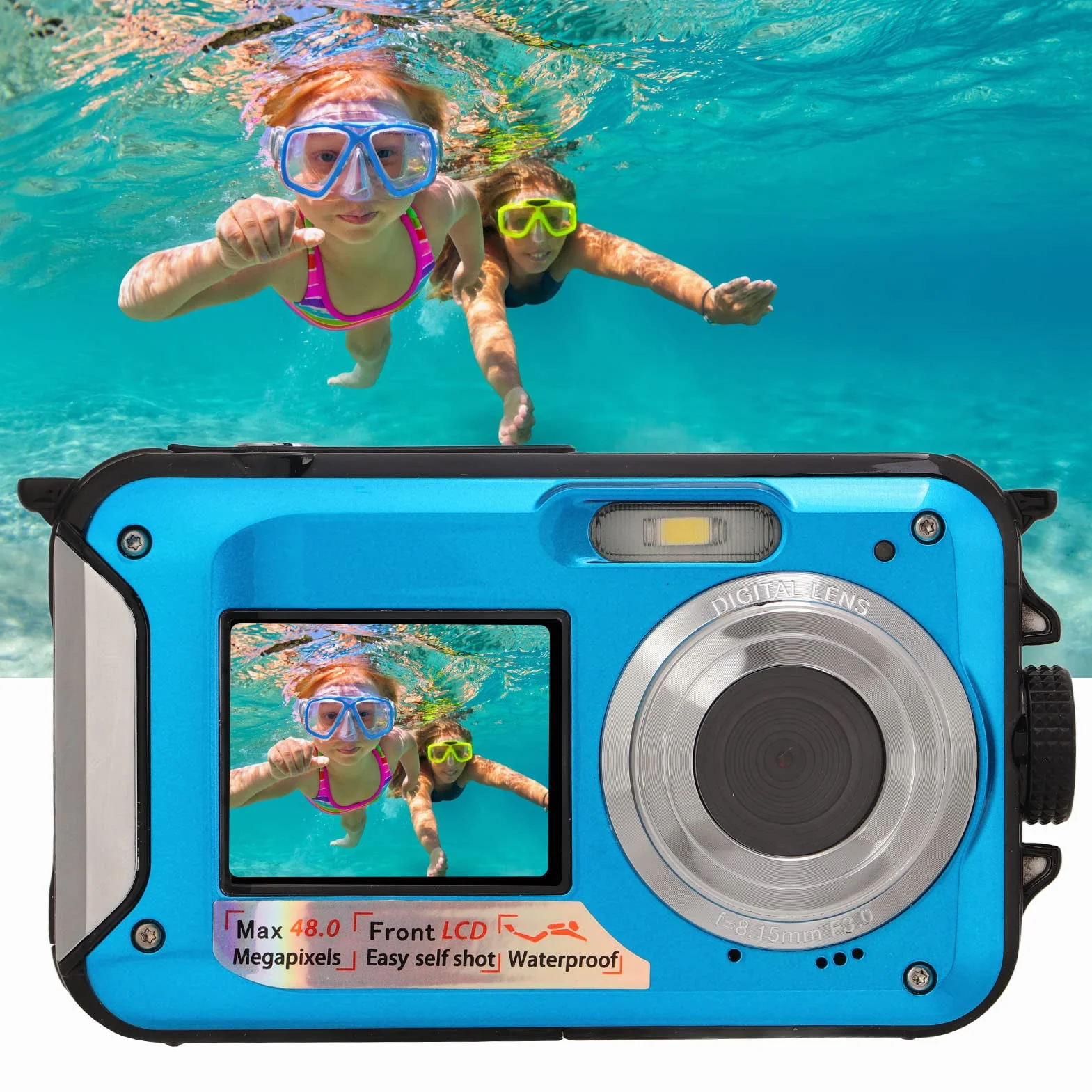 Aparat Podwodny, Wodoodporny Aparat Cyfrowy 2,7 ​​K 48 MP, 10 Stóp, 16-krotny Zoom Cyfrowy, Podwójny Ekran Selfie Podwodny Aparat do Snorkelingu (BLUE)
