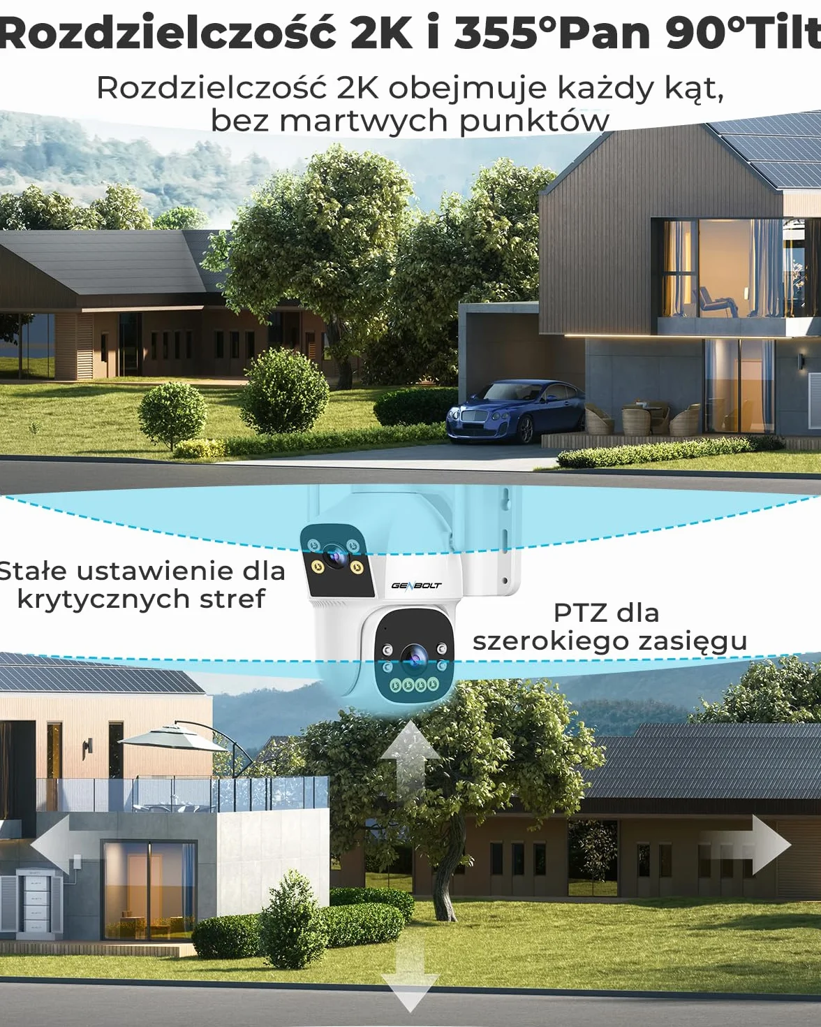 GENBOLT 2.5K AOV WiFi Kamera Zewnętrzna Solarna, Nagrywanie 24/7 3MP+3MP CCTV Zewnętrzna Kamera Monitoringu z wykrywaniem AI 90FT, Kamera IP Zewnętrzna 8W 15600mAh, Automatyczne śledzenie 2.4&5GHz