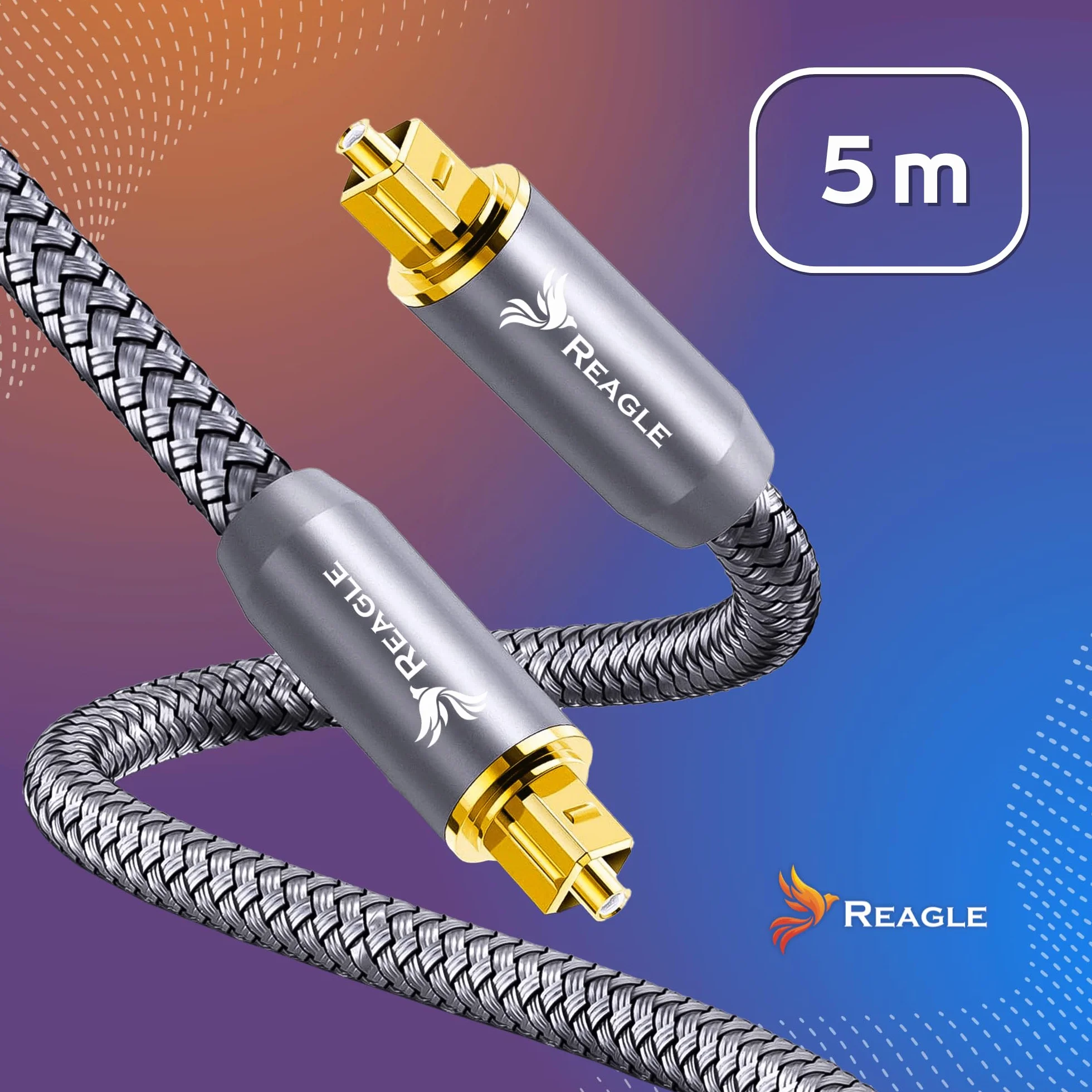 Reagle TOSLINK Kabel Optyczny, HQ SPDIF, Cyfrowy Kabel Audio, Kabel z Włókna Szklanego, do Soundbara, Telewizora, Wzmacniacza Kina Domowego, HiFi (srebrny, 5M)
