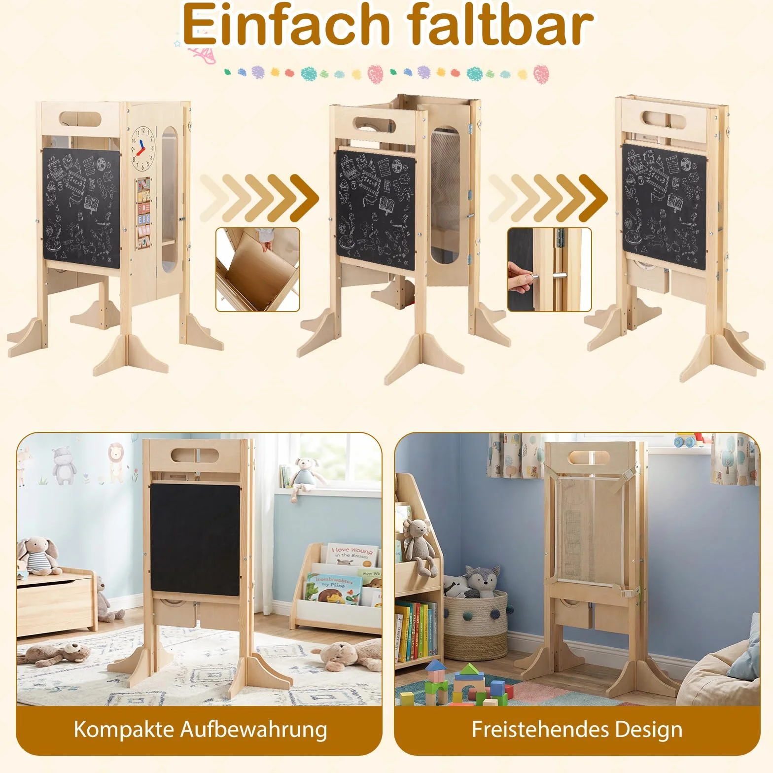 COSTWAY Wieża edukacyjna 4 w 1, składana, taboret z drewna z 2-stopniowym taboretem, tablicą i zdejmowaną siatką zabezpieczającą, Learning Tower Montessori, stołek dla dzieci od 3 lat, kolor naturalny
