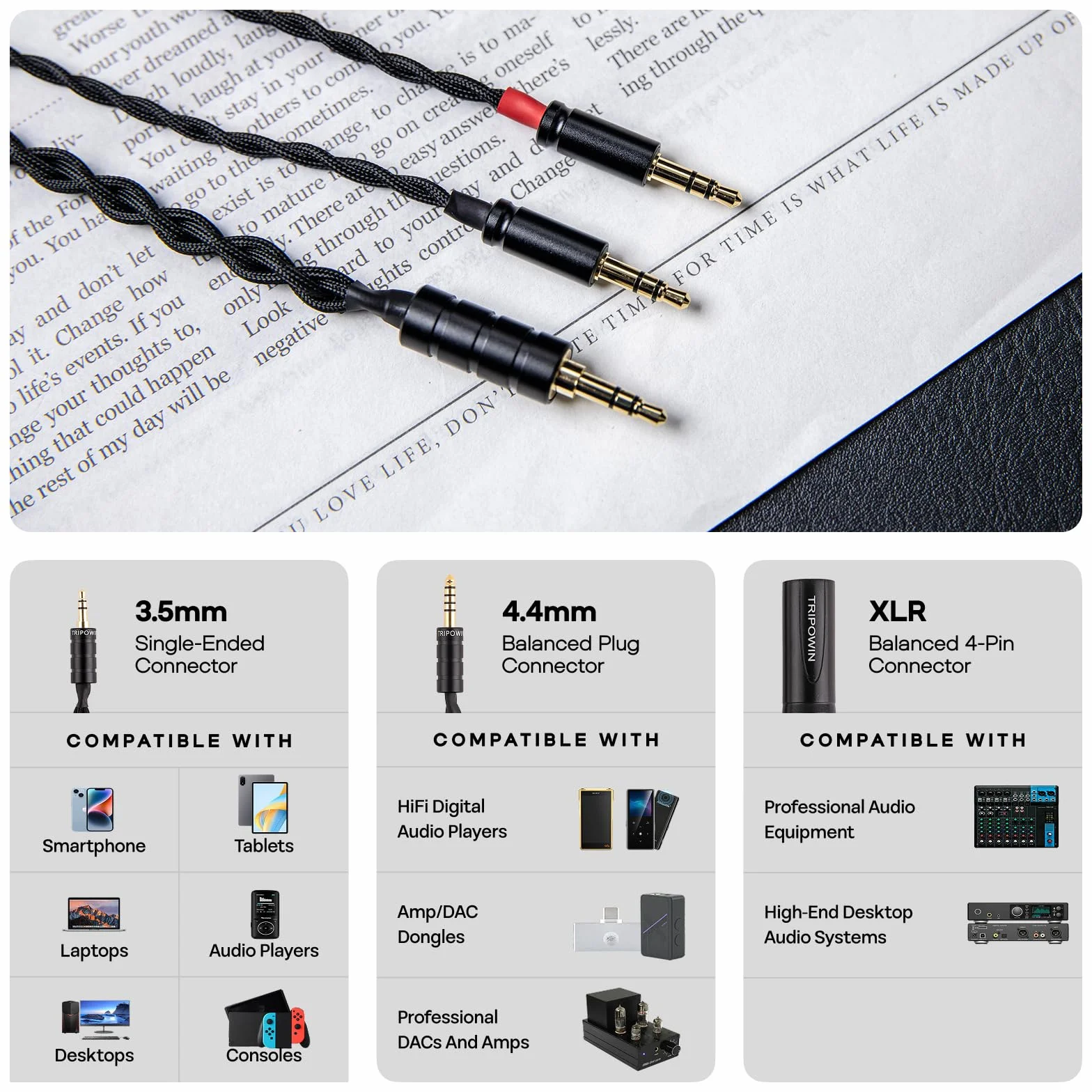 Linsoul Tripowin Nova Kabel do słuchawek do monitora, przewód do słuchawek nausznych, 4-żyłowy, srebrna folia/hybrydowy kabel OCC, 2 m, podwójny kabel 3,5 mm do 4,4 mm/3,5/XLR, dla audiofilów (3,5 mm